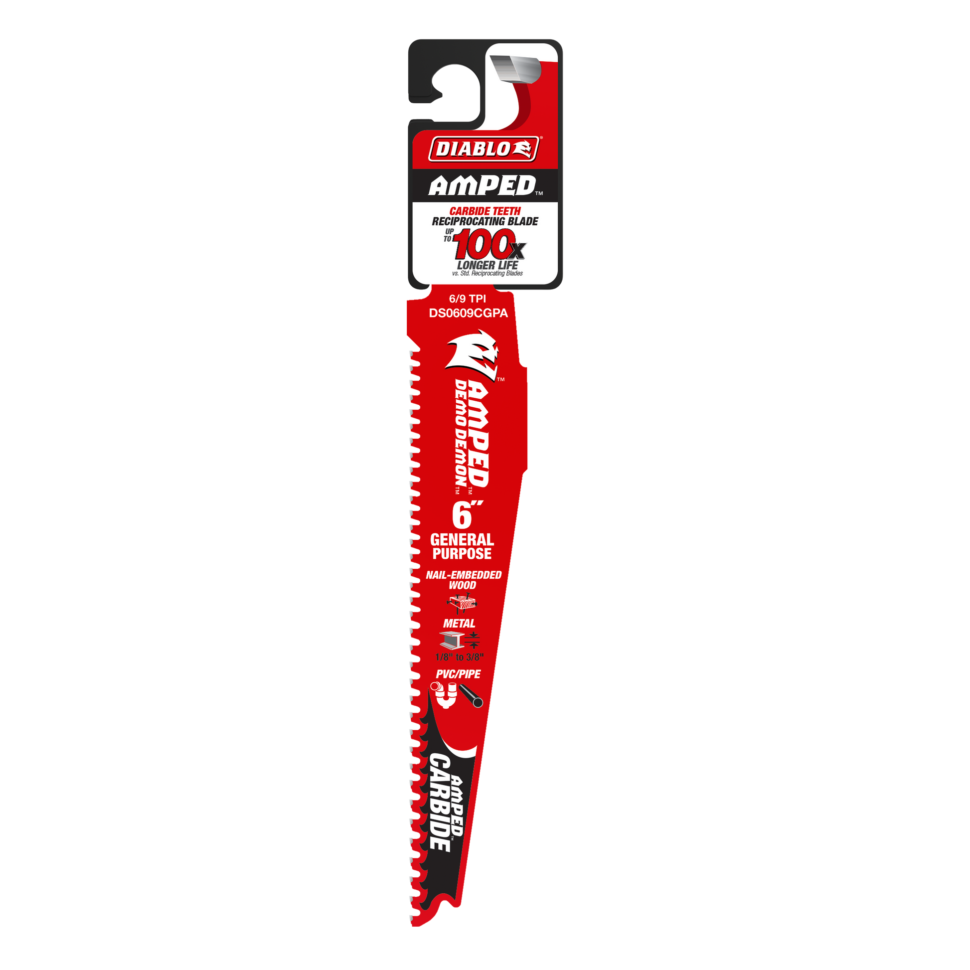 Diablo Amped 6-inch carbide reciprocating saw blade with serrated cutting edge on red and black packaging.