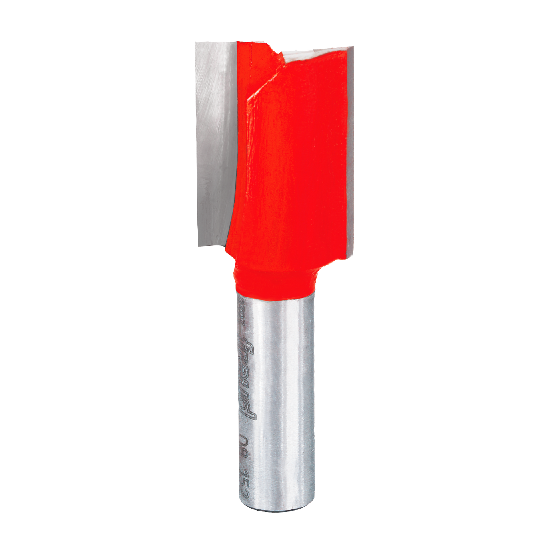 Freud router bit with red cutting head and silver metal shank for woodworking.