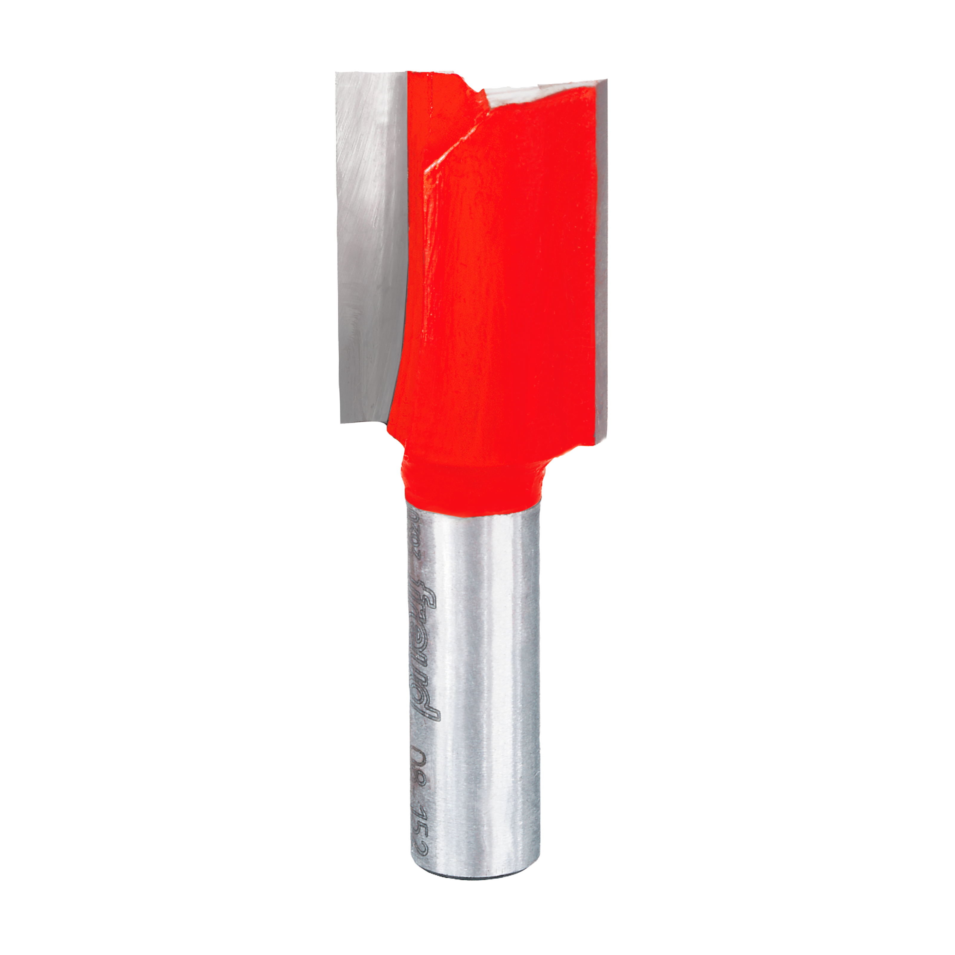 Freud router bit with red cutting head and silver metal shank for woodworking.