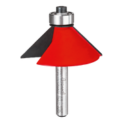 Metal chamfer bit with red cutting head and silver cylindrical shank, featuring black and red angled cutting surfaces.