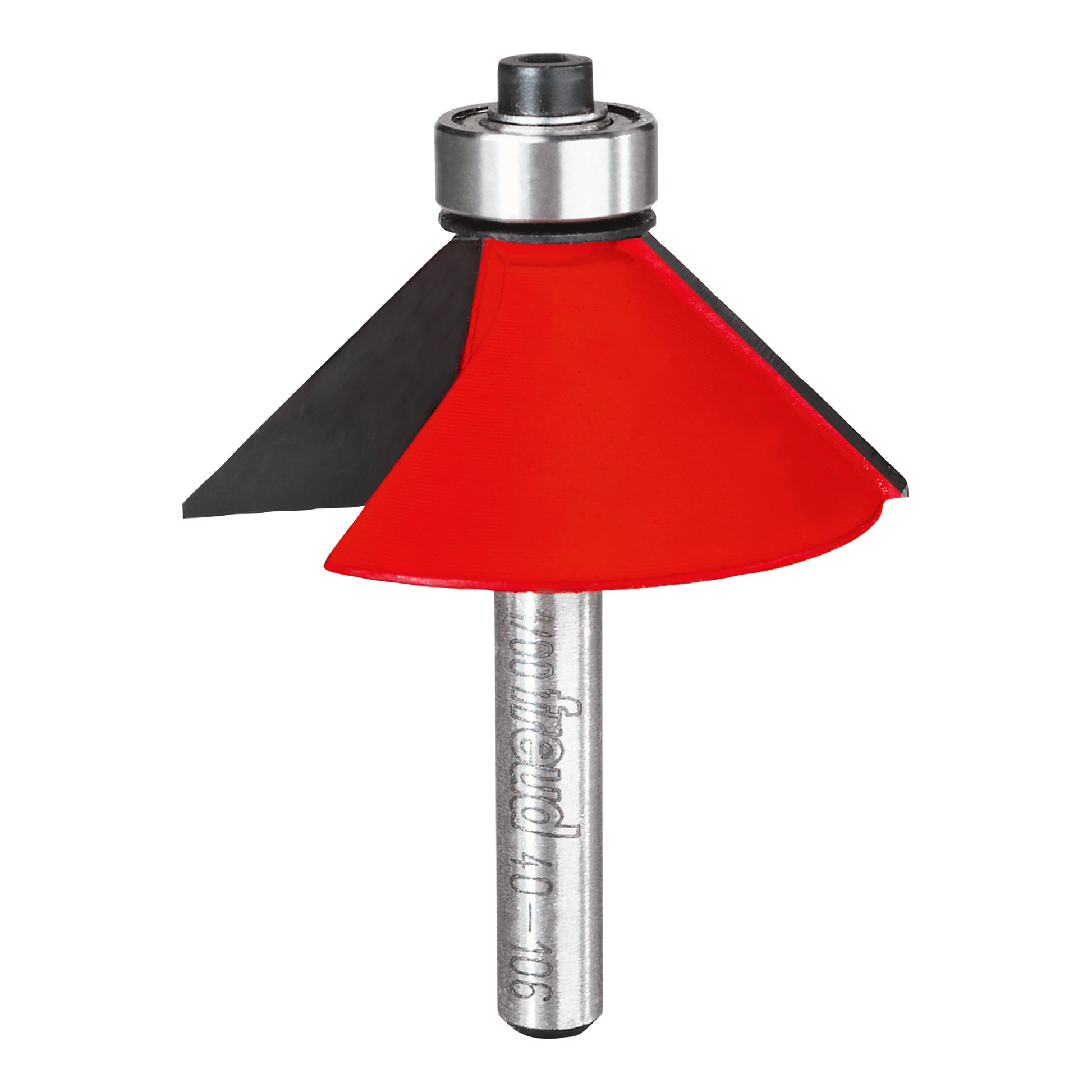 Metal chamfer bit with red cutting head and silver cylindrical shank, featuring black and red angled cutting surfaces.