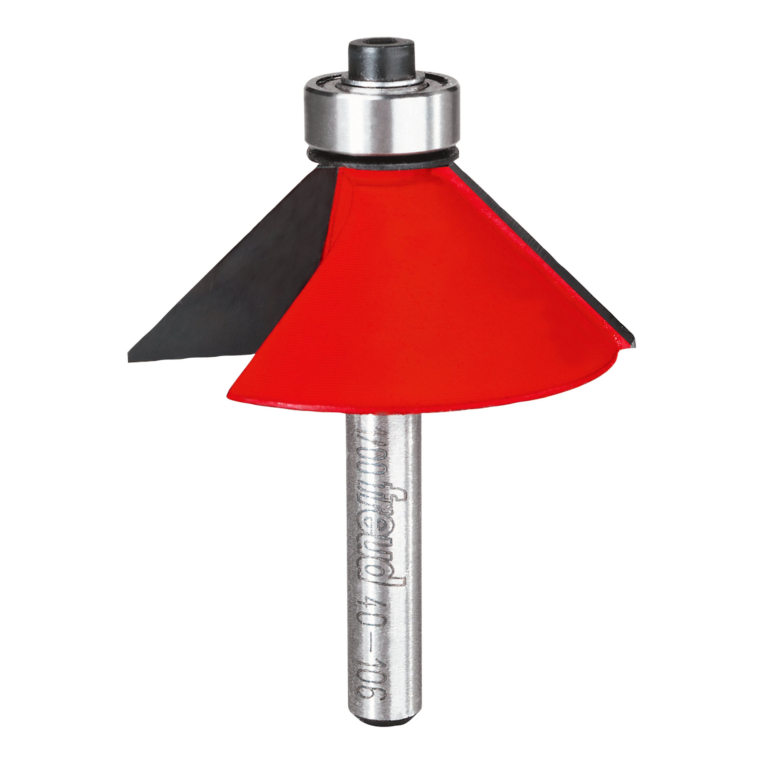 Metal chamfer bit with red cutting head and silver cylindrical shank, featuring black and red angled cutting surfaces.