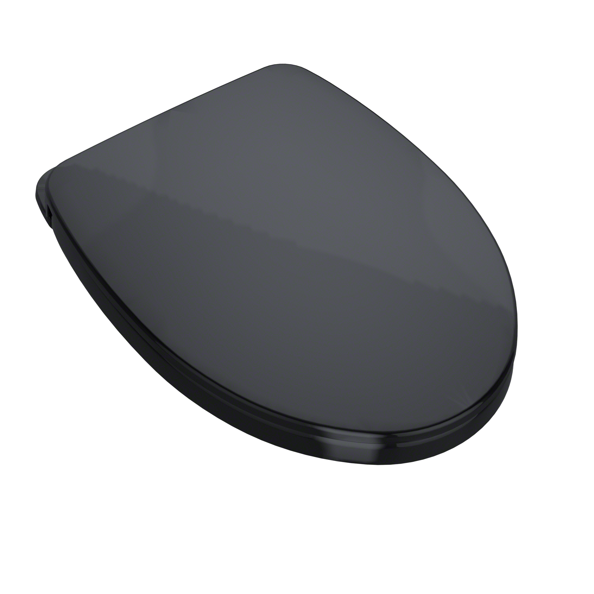 Ebony elongated toilet seat and lid with soft-close mechanism and curved design.