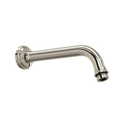 Polished nickel wall-mounted shower arm with curved spout and circular flanged connection.