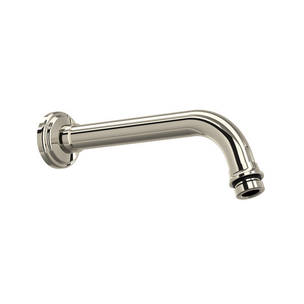 Polished nickel wall-mounted shower arm with curved spout and circular flanged connection.