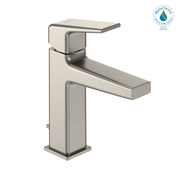 Brushed nickel single-handle bathroom sink faucet with rectangular spout and square body design.