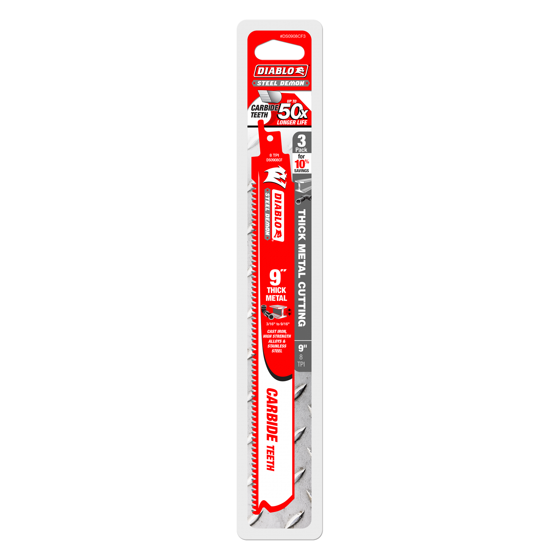 Three 9-inch Diablo Steel Demon carbide reciprocating saw blades with red and white packaging.