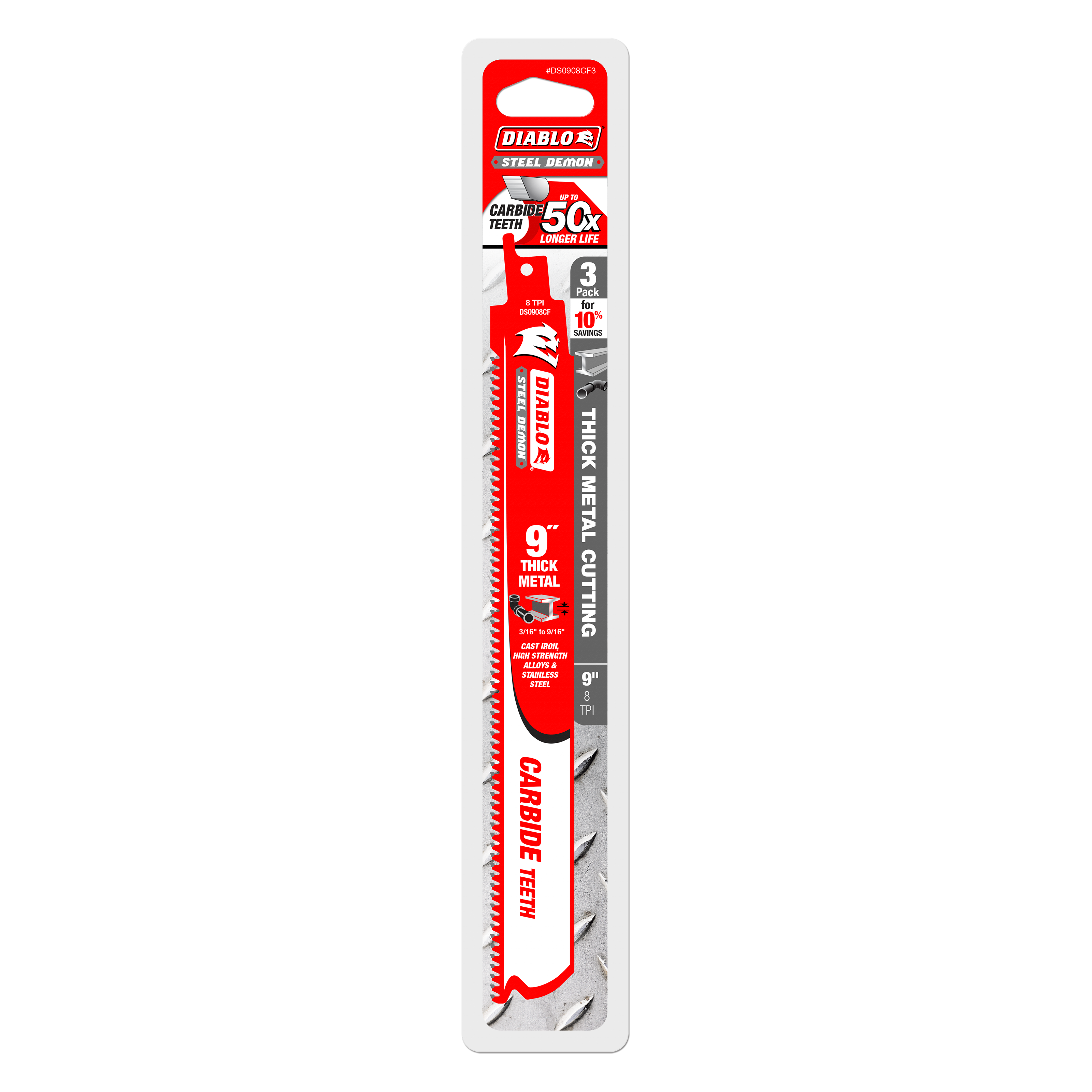 Three 9-inch Diablo Steel Demon carbide reciprocating saw blades with red and white packaging.
