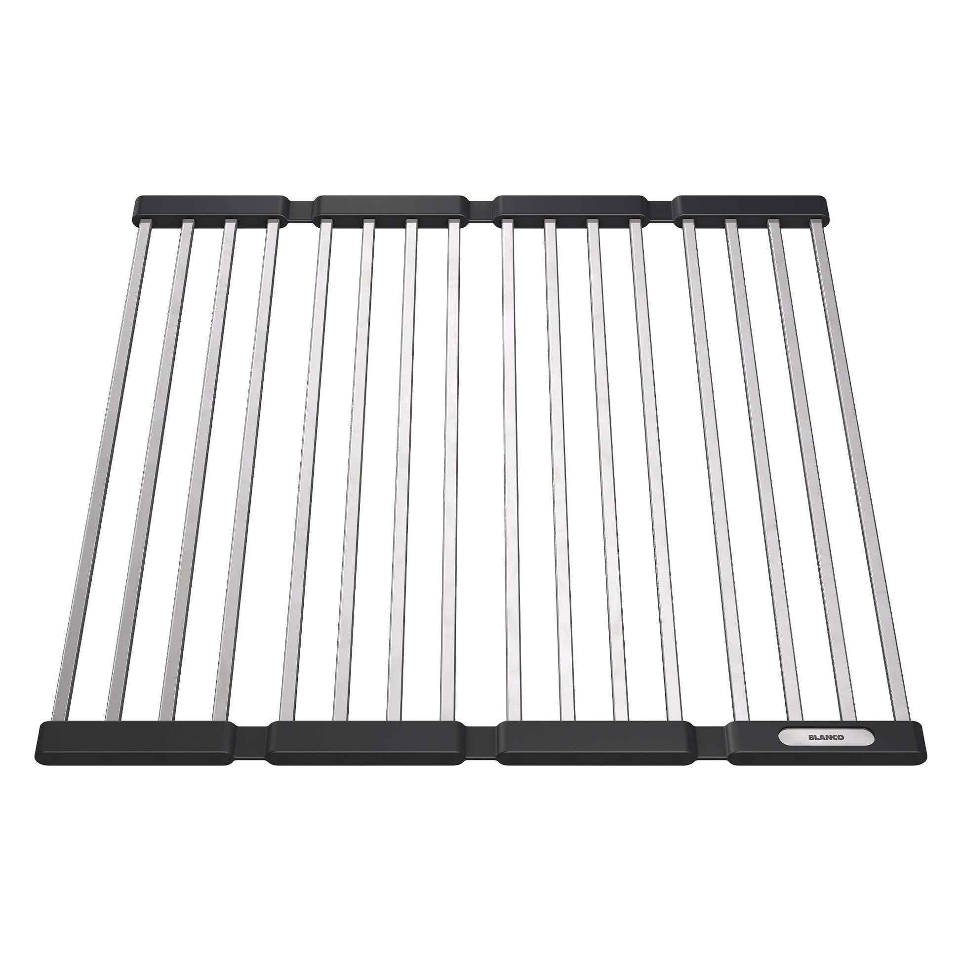 Foldable drying mat with stainless steel bars and black rubber ends that accordion-fold for compact storage.