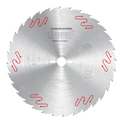 Silver circular saw blade with carbide-tipped teeth and red patented system markings around the edge.