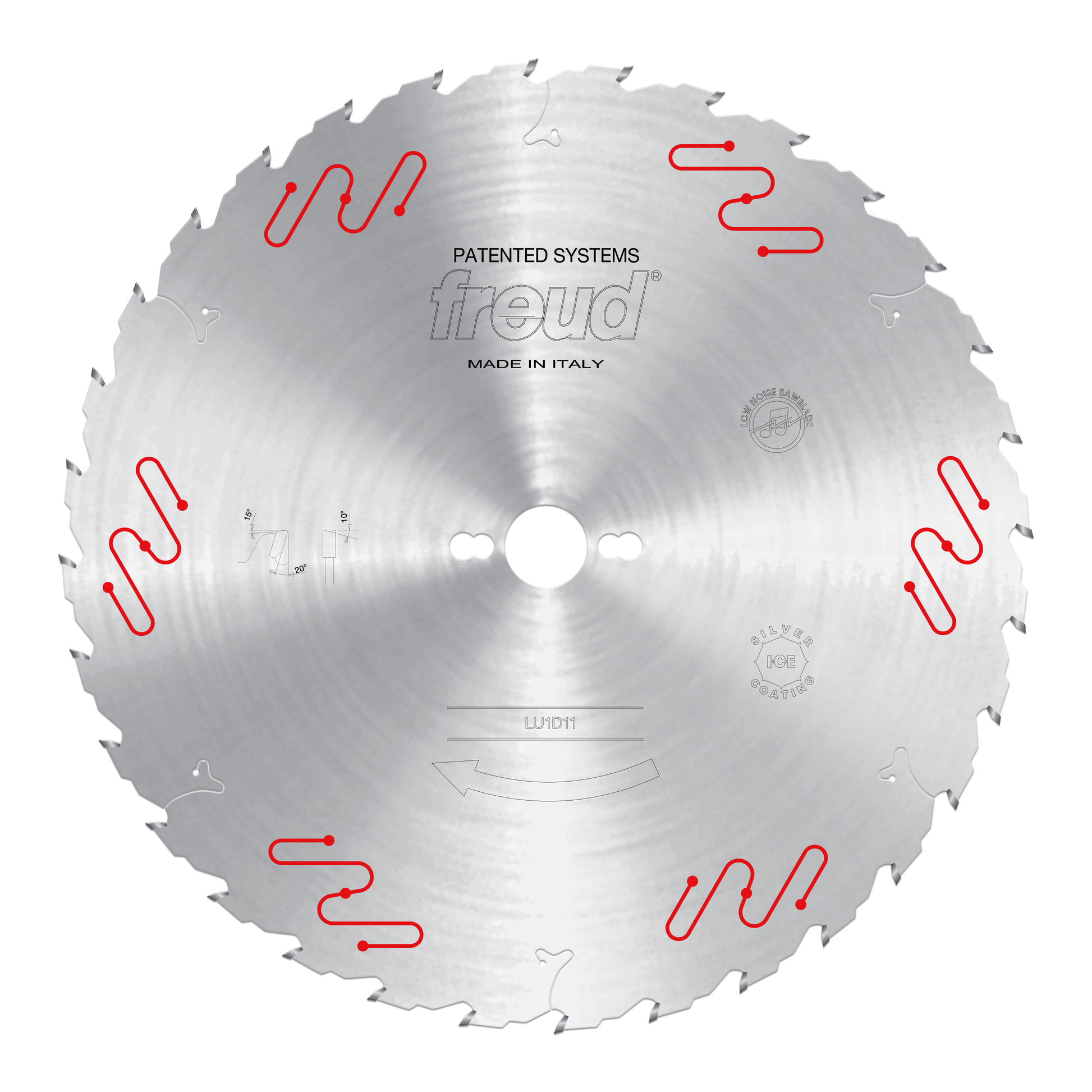 Silver circular saw blade with carbide-tipped teeth and red patented system markings around the edge.