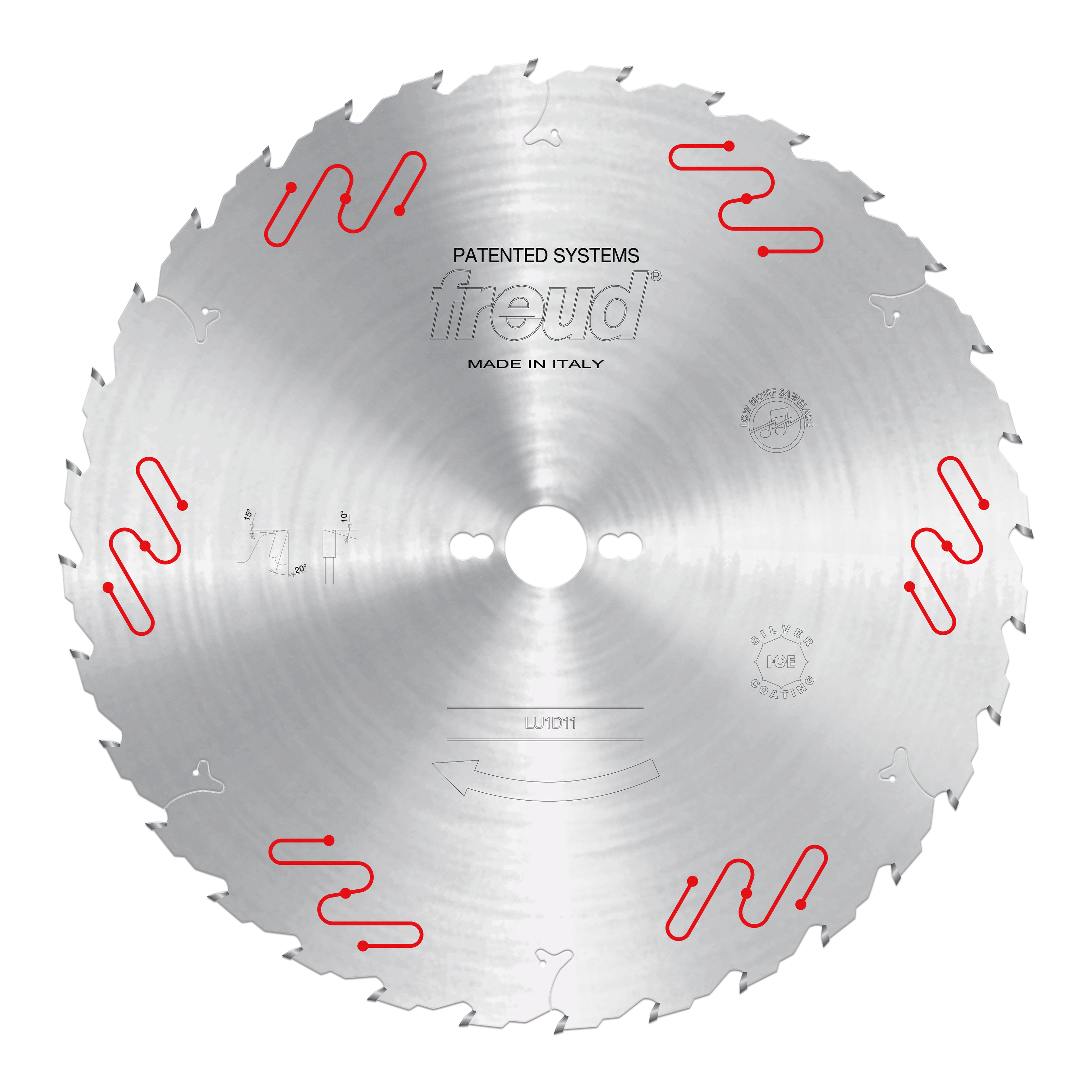 Silver circular saw blade with carbide-tipped teeth and red patented system markings around the edge.