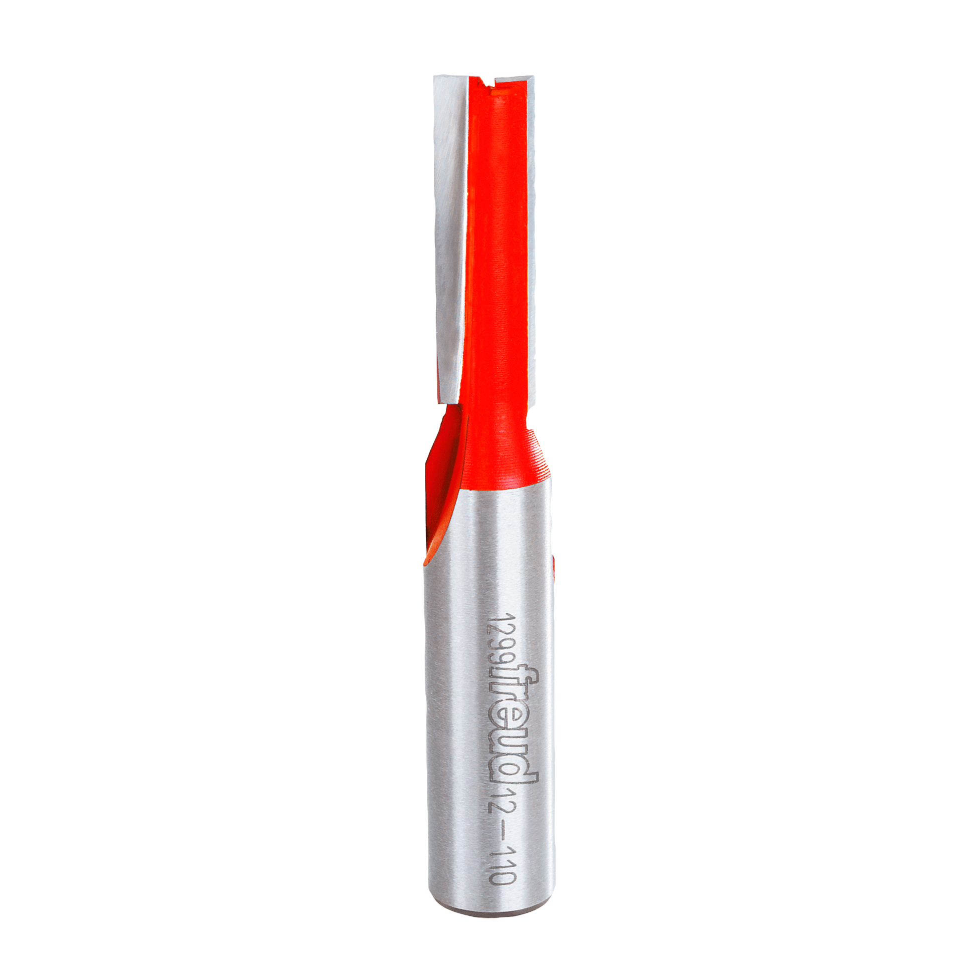 Silver router bit with red cutting head and two flutes, 3/8 inch diameter straight bit.