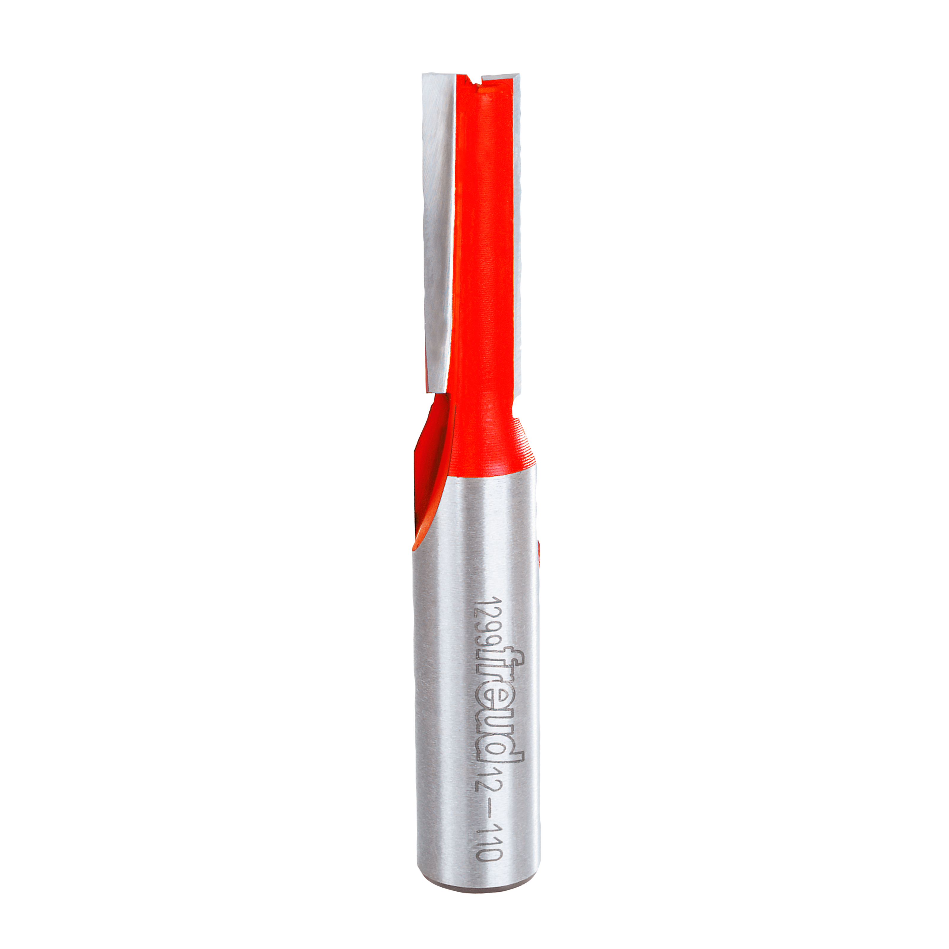 Silver router bit with red cutting head and two flutes, 3/8 inch diameter straight bit.