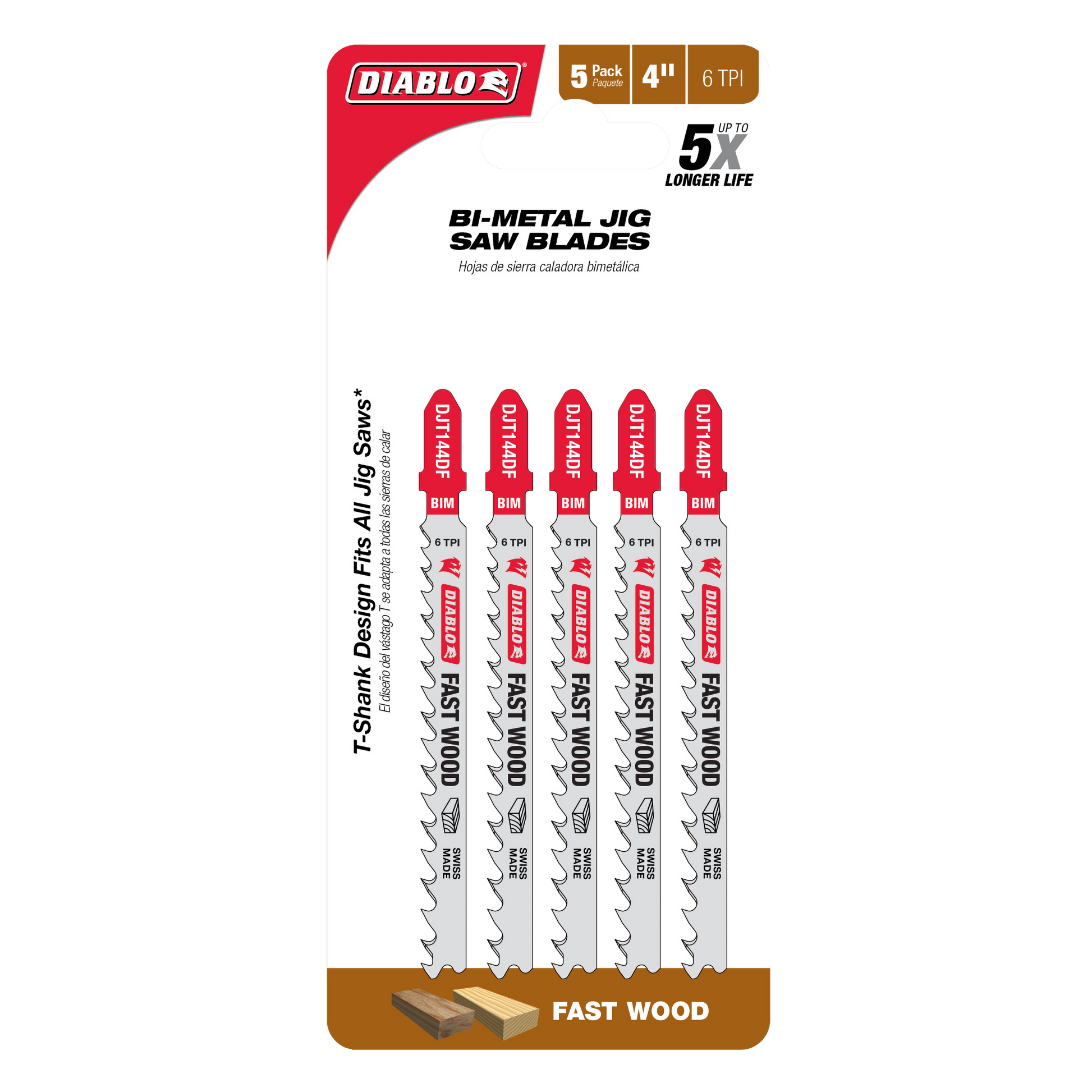 Five Diablo bi-metal T-shank jig saw blades, 4 inches long with 6 teeth per inch, arranged vertically on packaging.