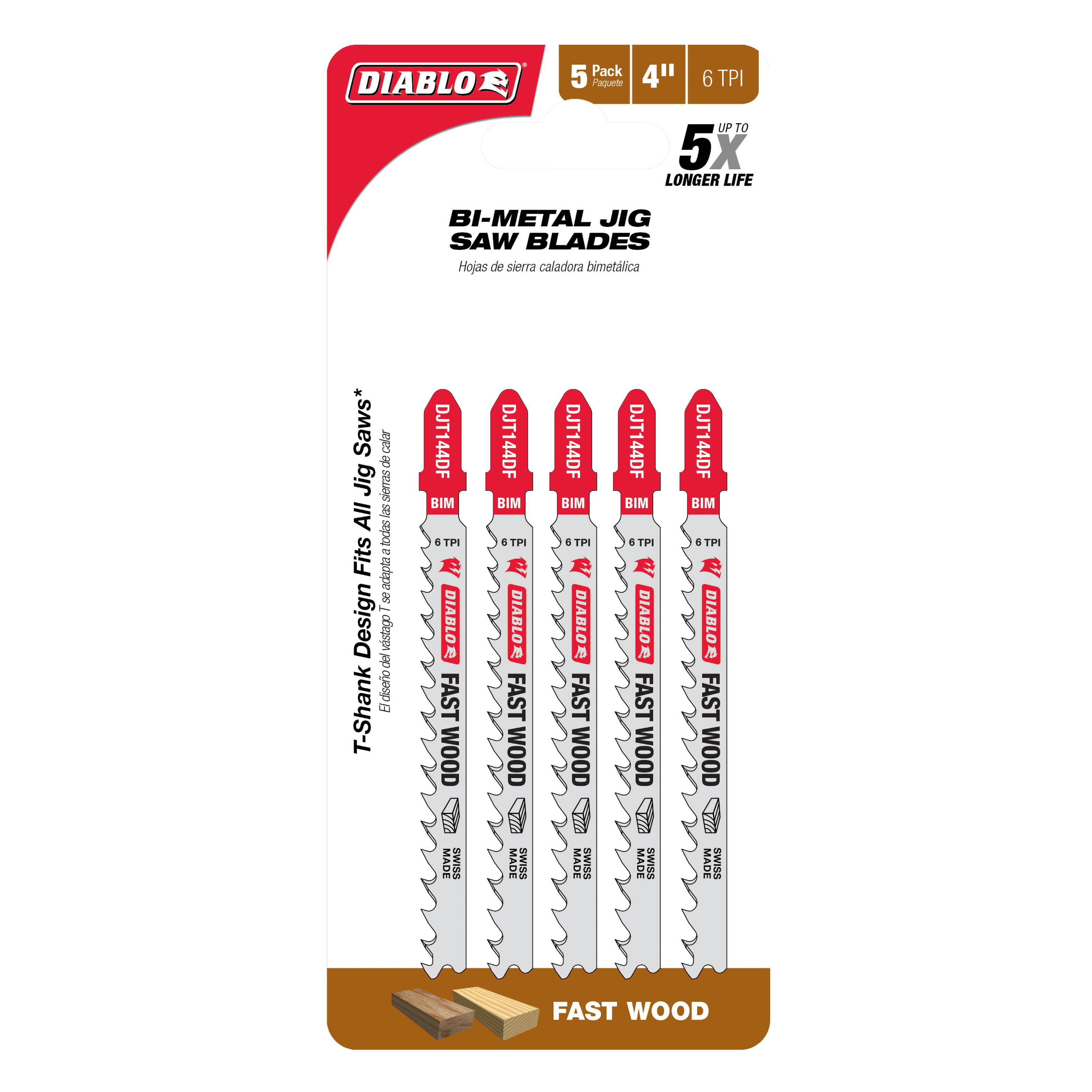 Five Diablo bi-metal T-shank jig saw blades, 4 inches long with 6 teeth per inch, arranged vertically on packaging.