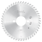 Silver metallic circular saw blade with carbide-tipped teeth around the edge and center arbor hole.