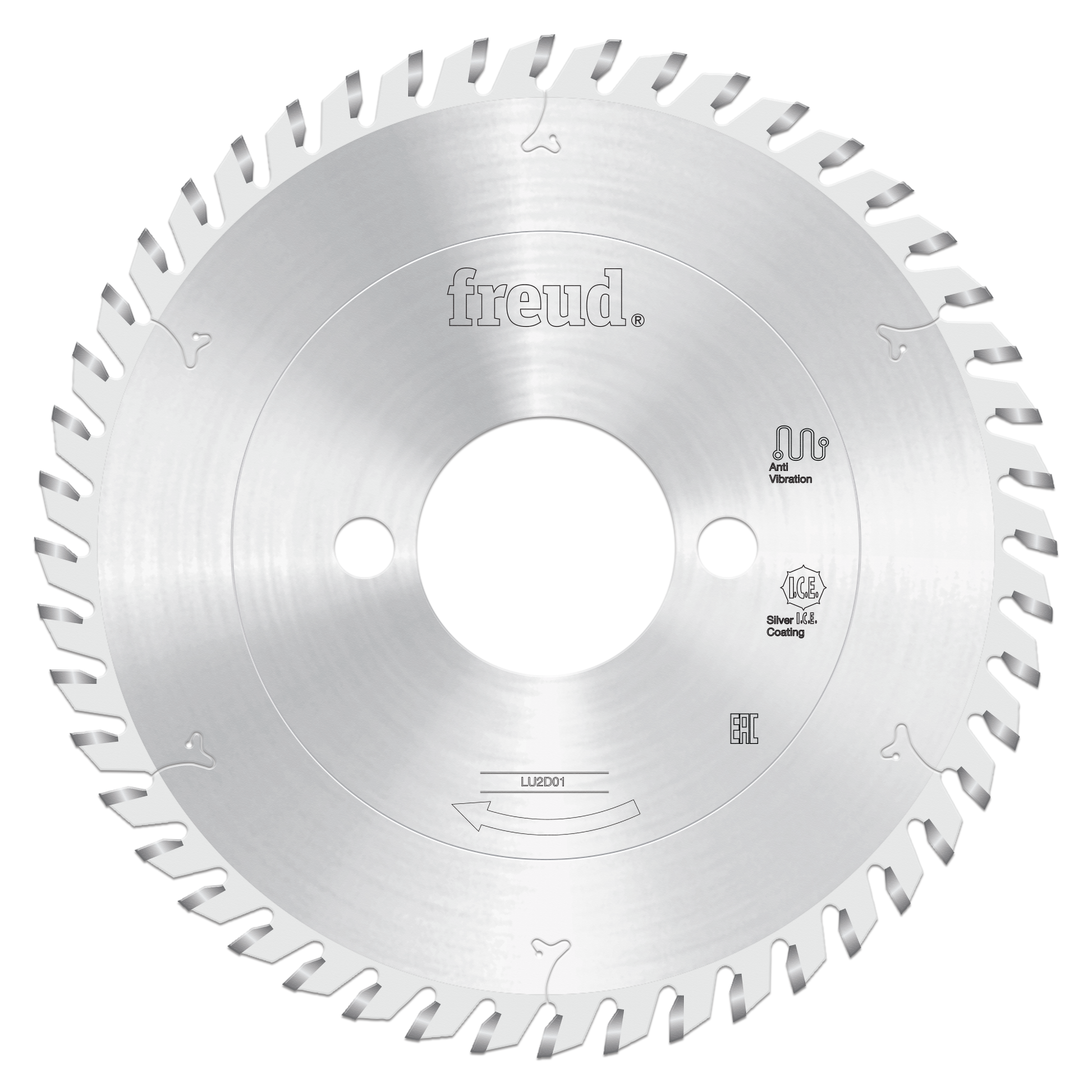 Silver metallic circular saw blade with carbide-tipped teeth around the edge and center arbor hole.