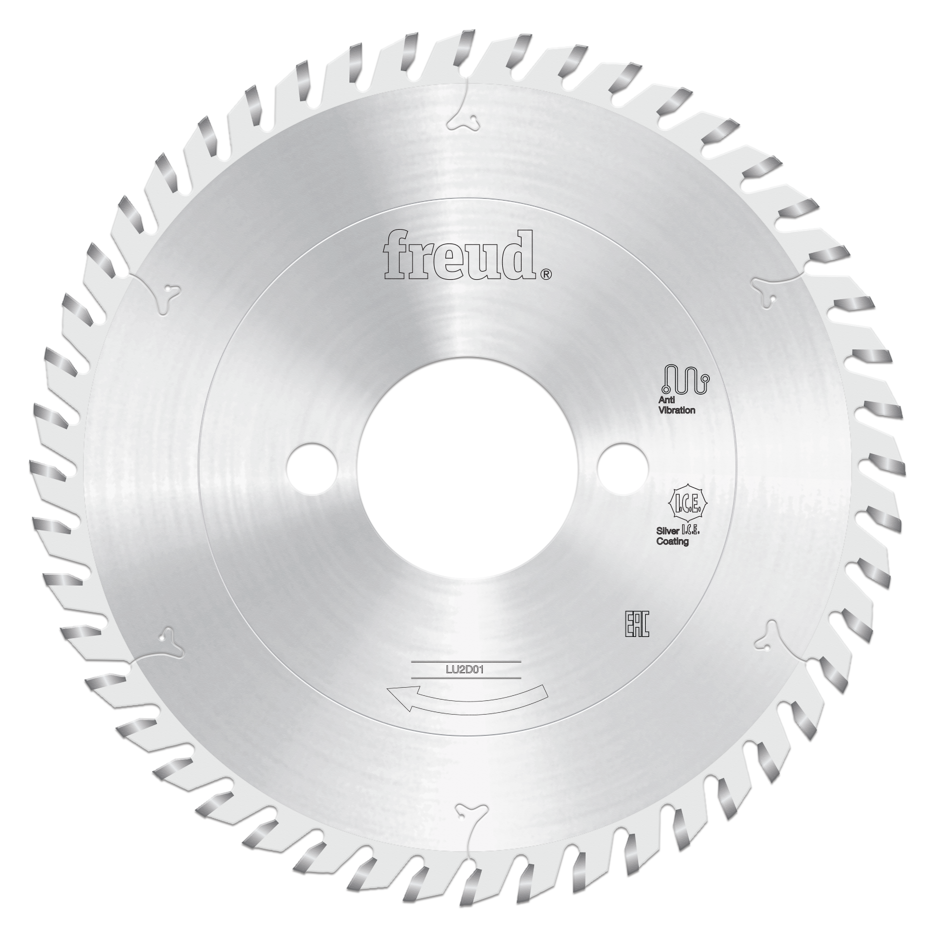 Silver metallic circular saw blade with carbide-tipped teeth around the edge and center arbor hole.