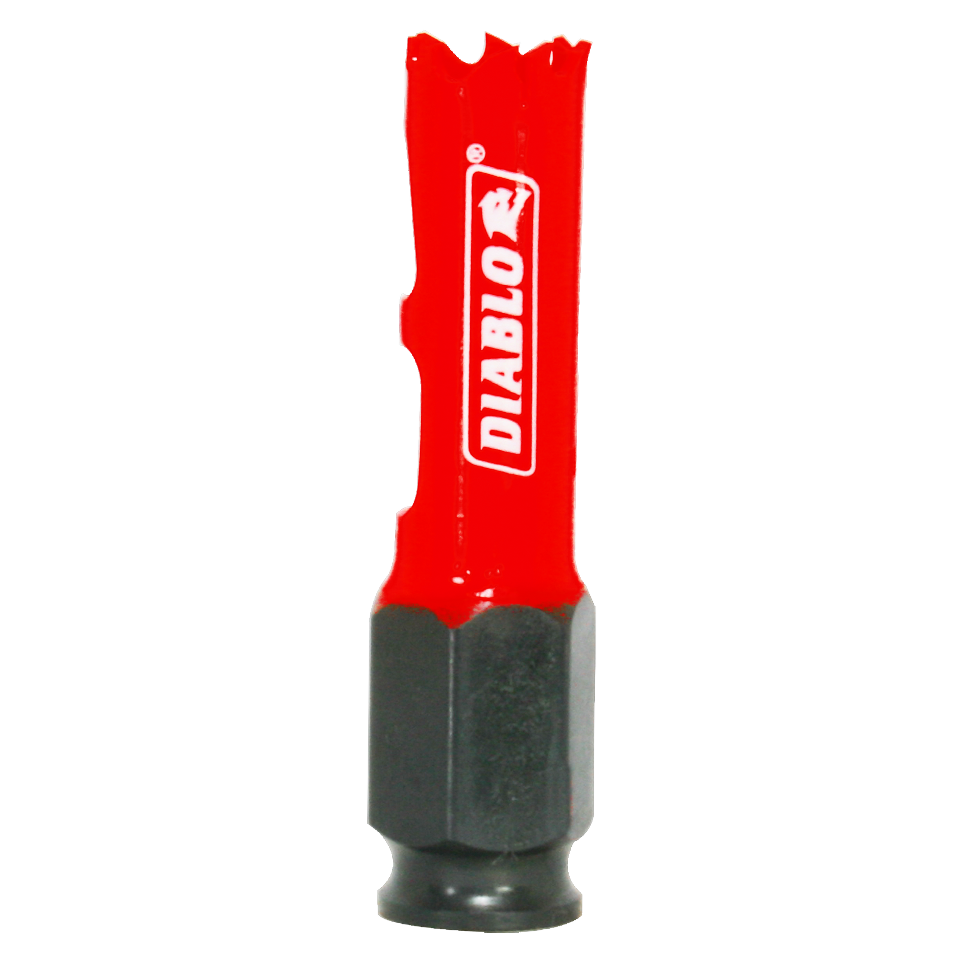 Red and gray Diablo hole saw with jagged cutting edges and hexagonal socket base.