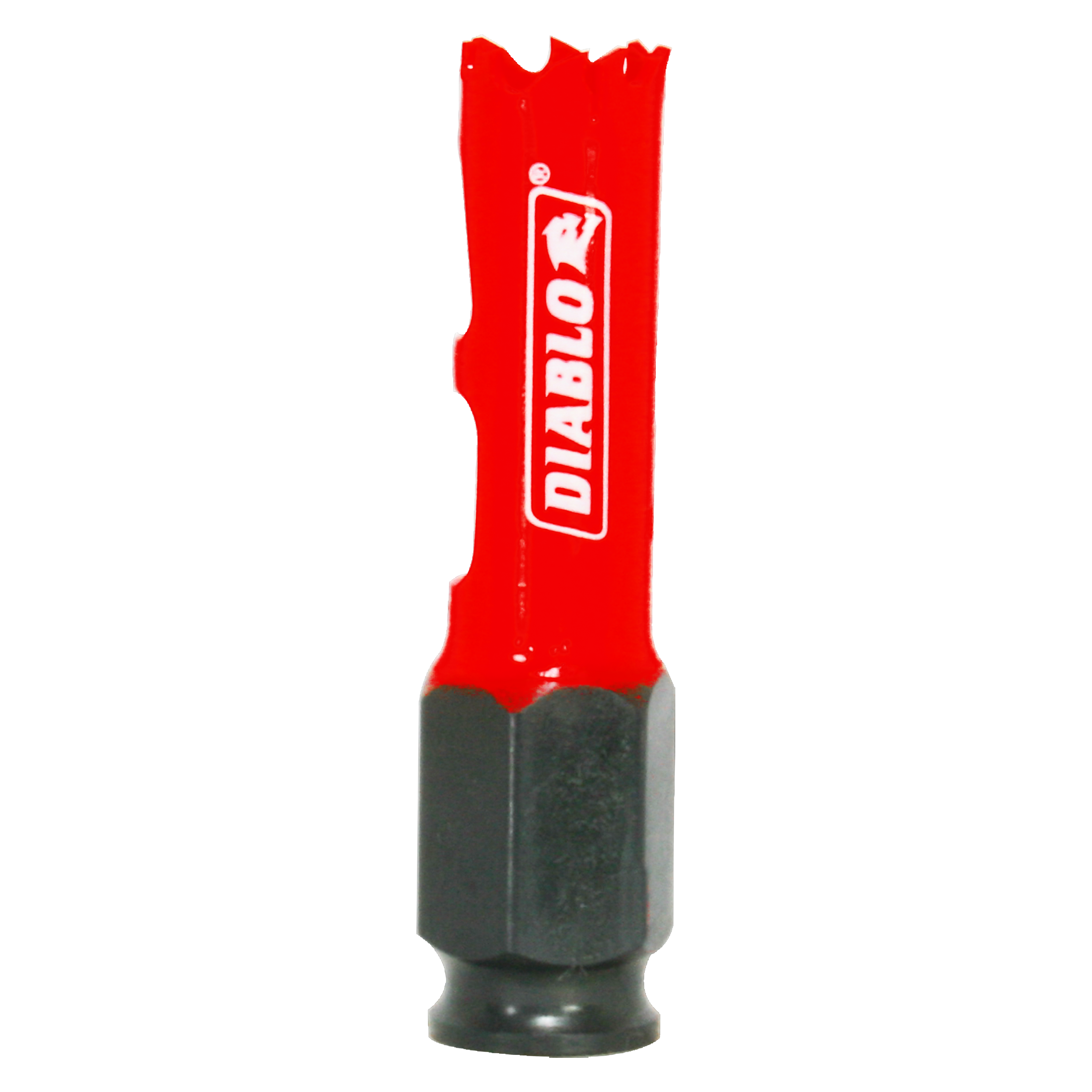 Diablo red and black hole saw bit with jagged cutting edges and cylindrical shank.