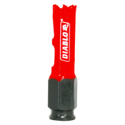 Red and gray Diablo hole saw with jagged cutting edges and hexagonal socket attachment base.