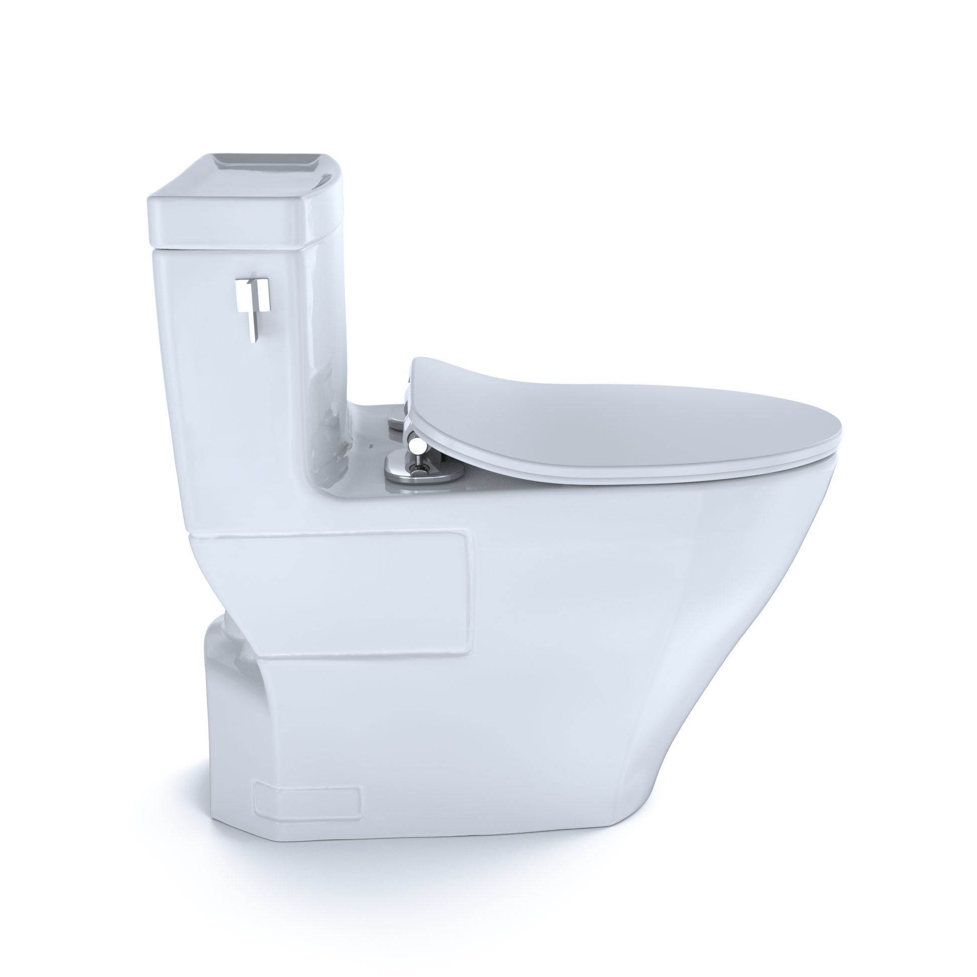 White elongated one-piece toilet with integrated bidet seat and soft-close lid.