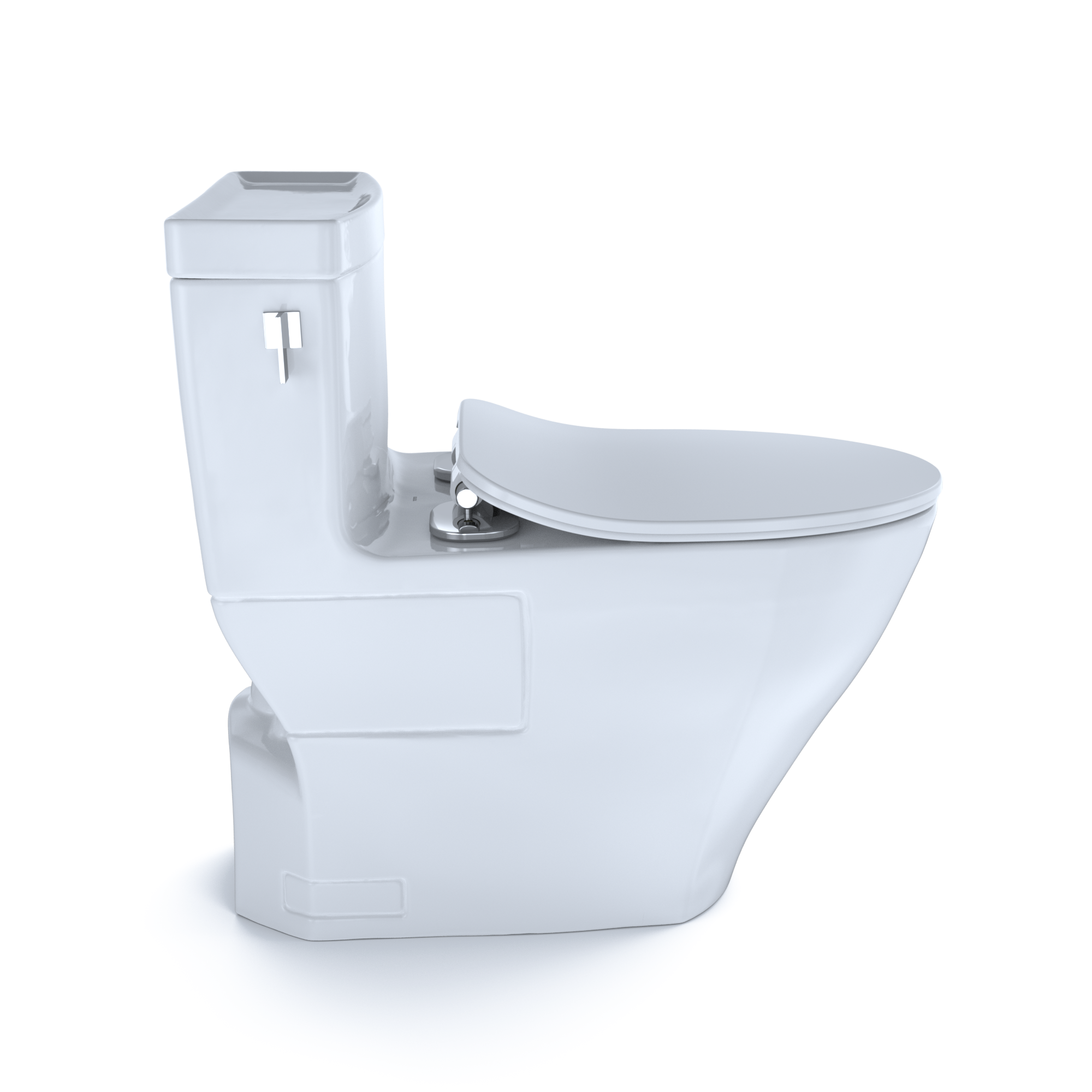 White elongated one-piece toilet with integrated bidet seat and soft-close lid.