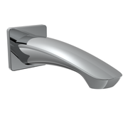 Polished chrome wall-mounted tub spout with curved elongated design and square mounting plate.