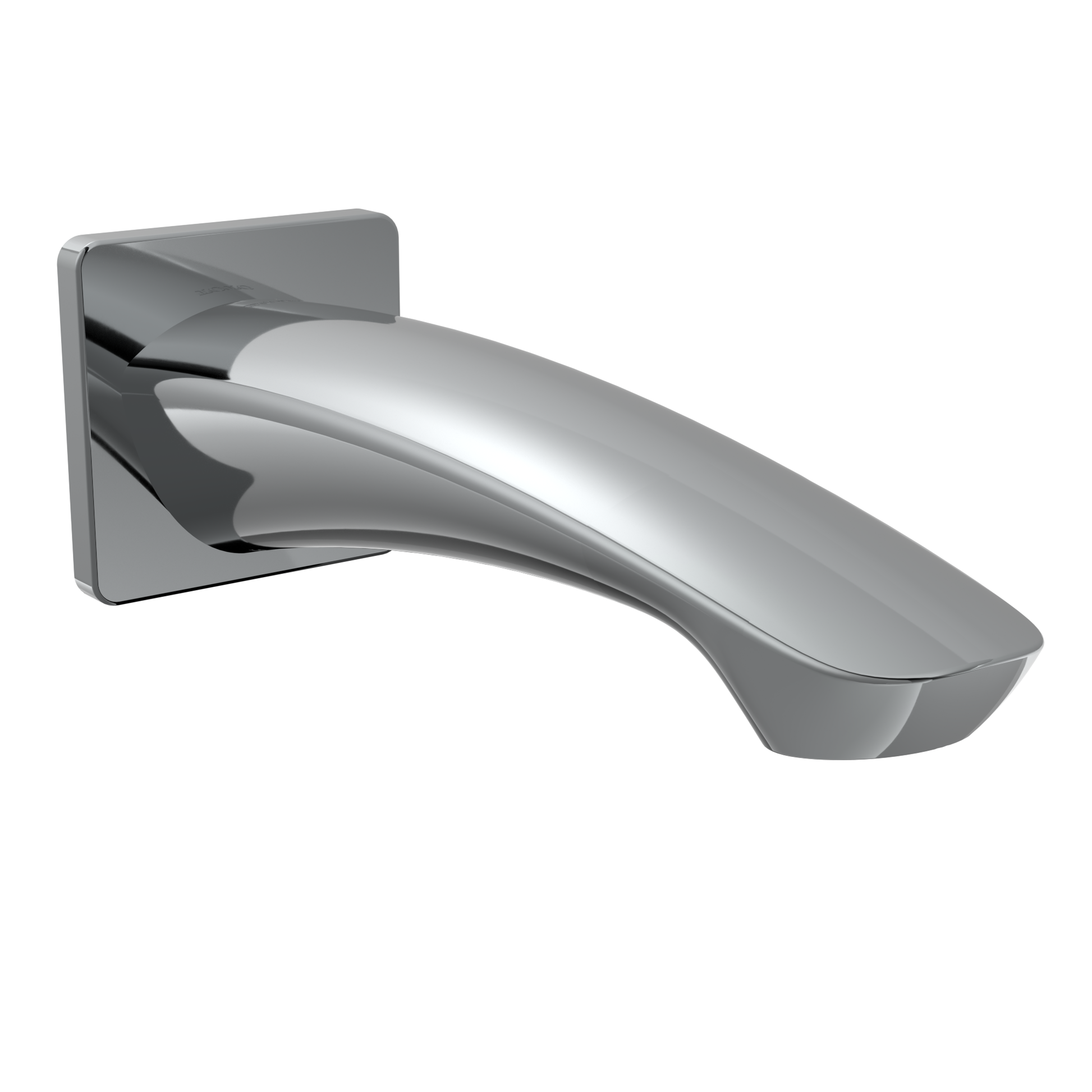 Polished chrome wall-mounted tub spout with curved elongated design and square mounting plate.