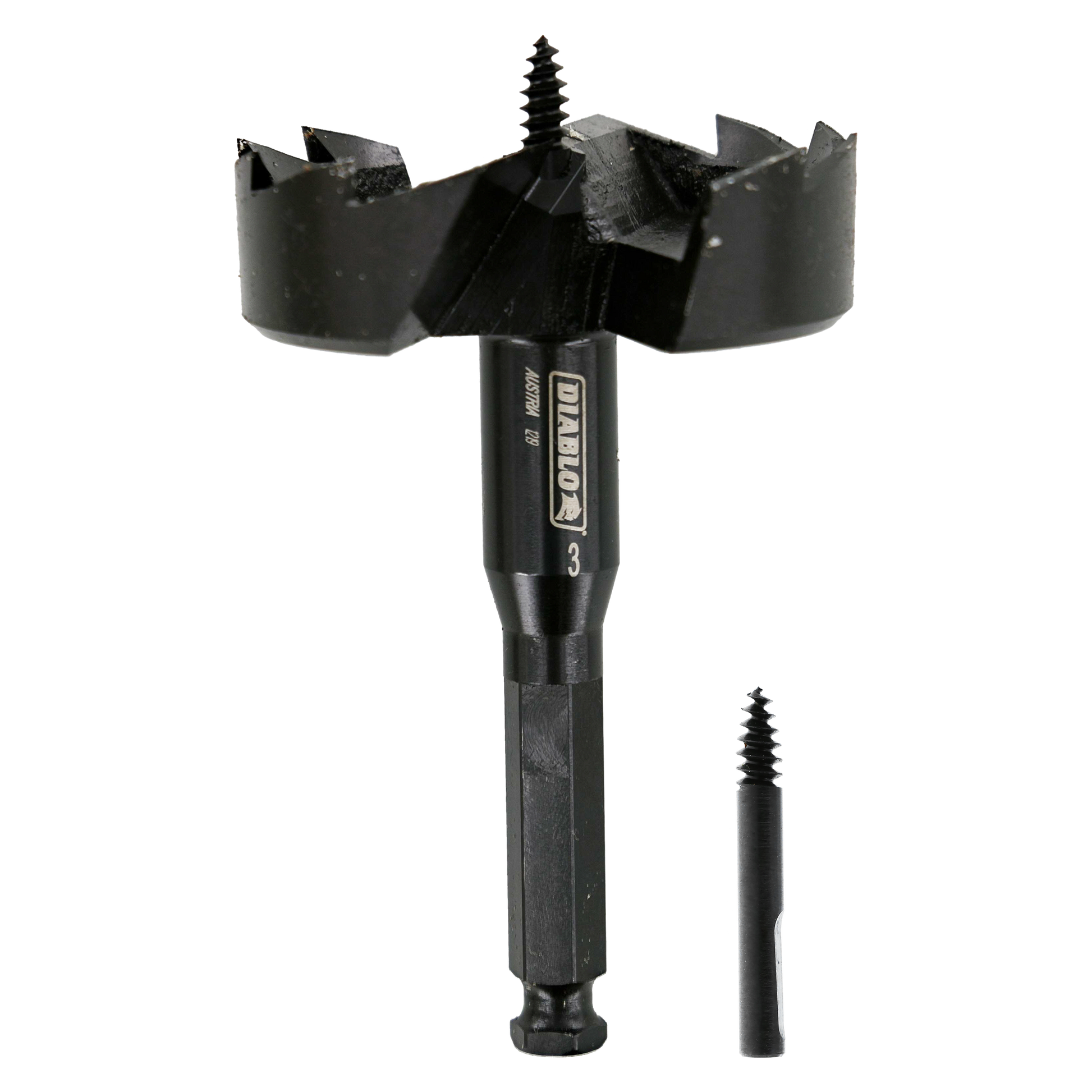 Black Diablo 3-inch self-feed drill bit with curved cutting edges and center screw point, shown with detached pilot bit.