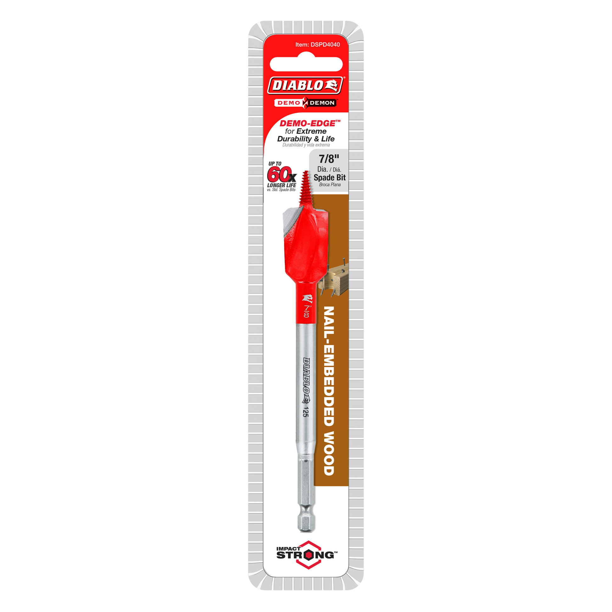 Diablo 7/8 inch spade bit with red head and gray shaft on retail packaging.