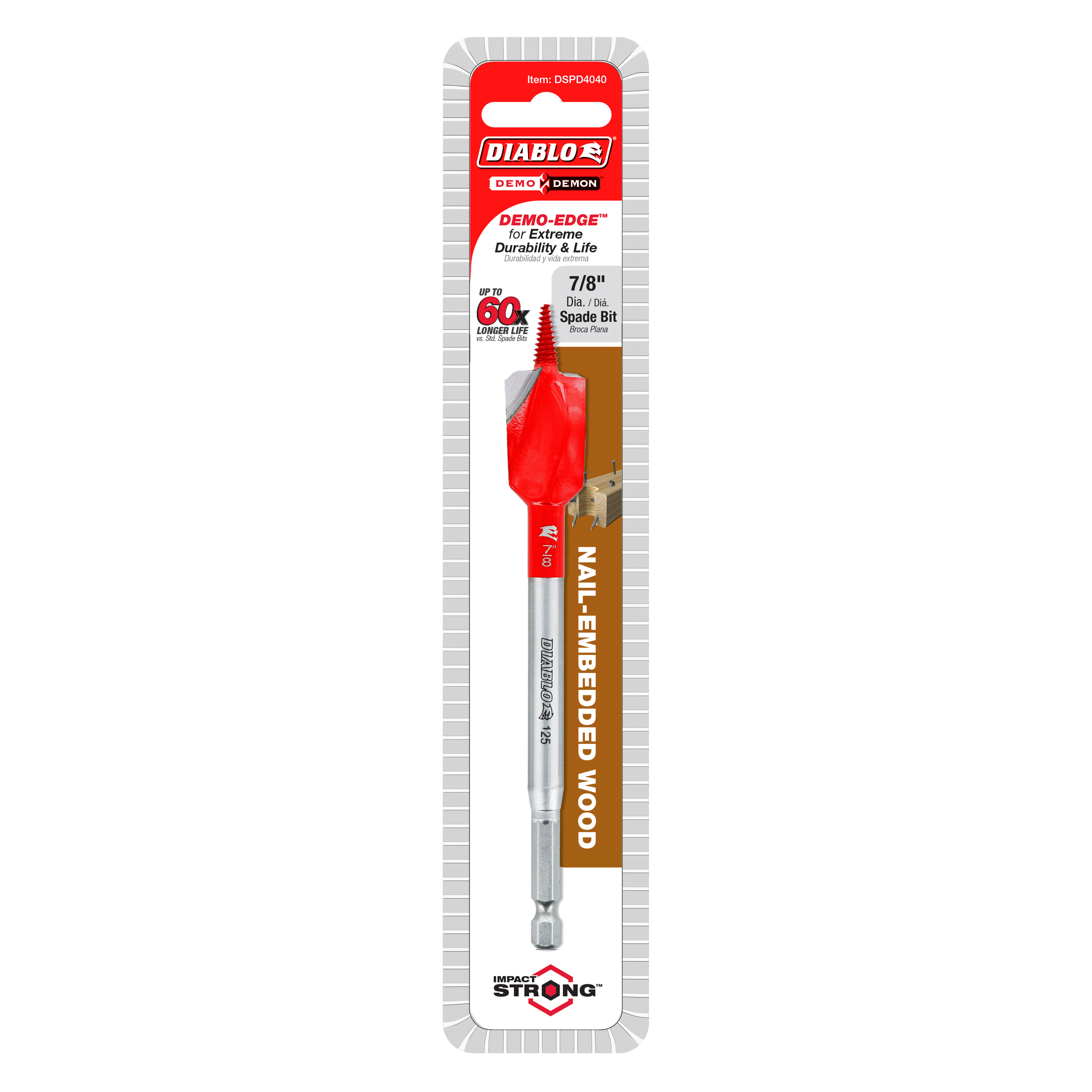 Diablo 7/8 inch spade bit with red head and gray shaft on retail packaging.