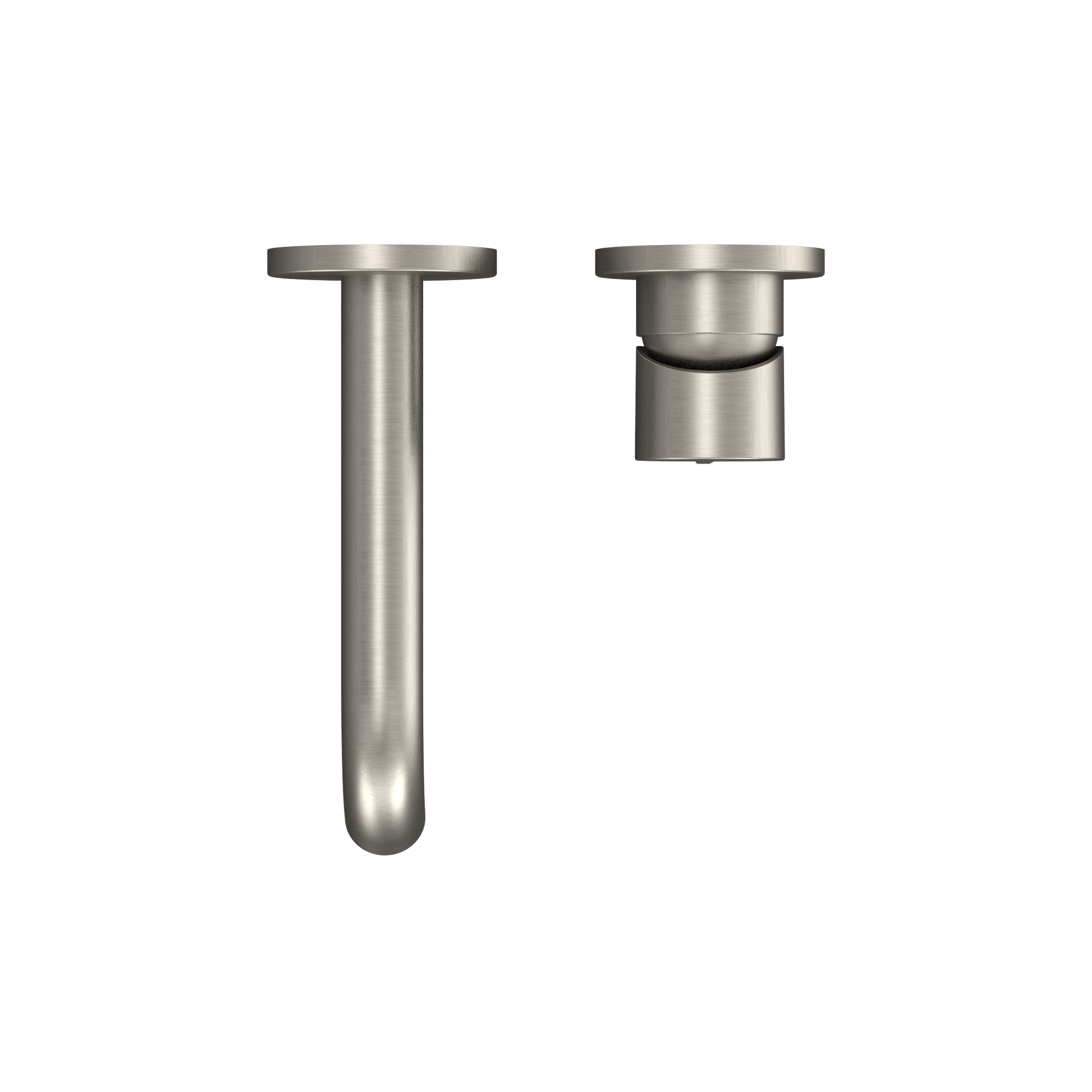 Brushed nickel wall-mount bathroom faucet components including cylindrical spout and single-handle control valve.