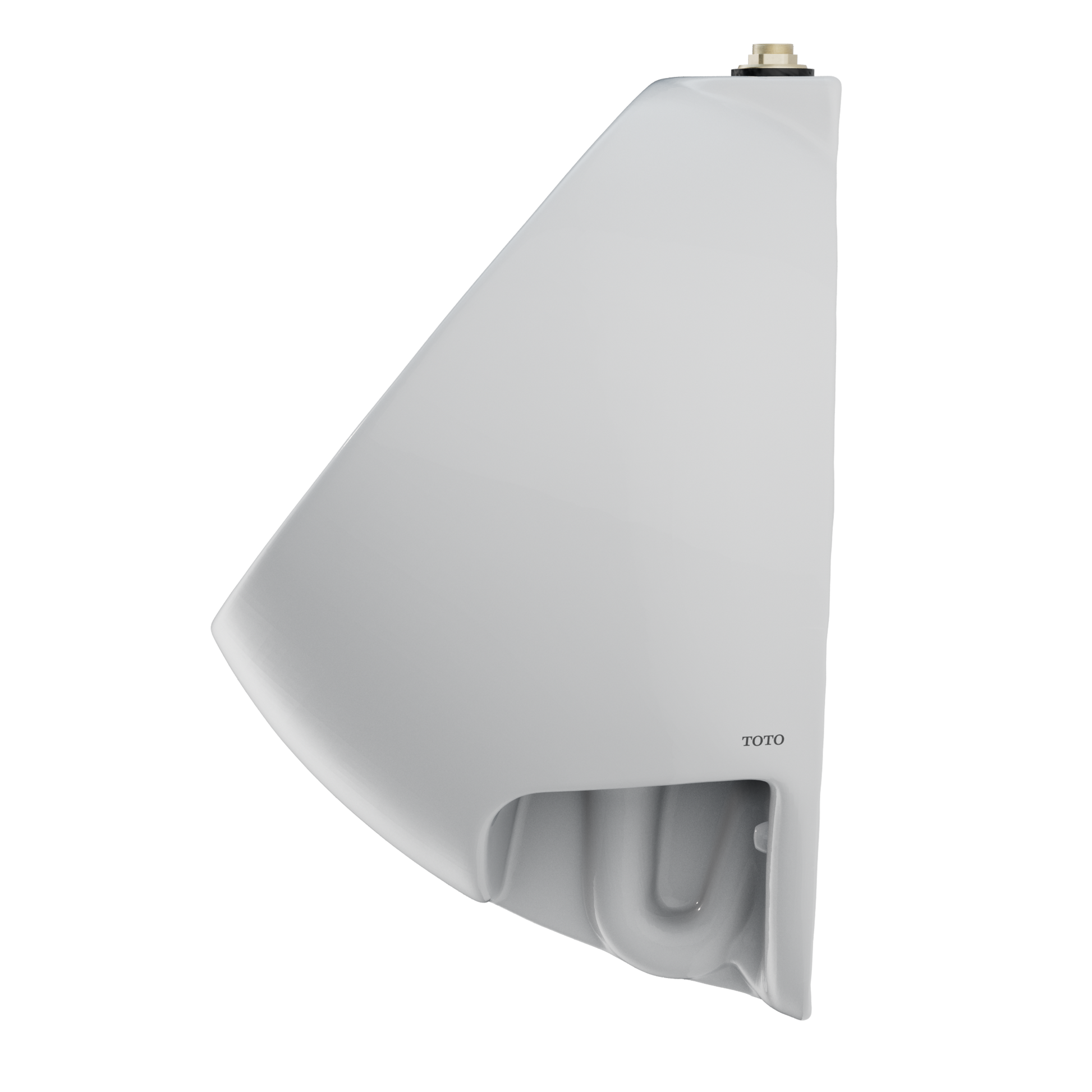 White wall-mounted urinal with curved basin and top spud inlet connection.
