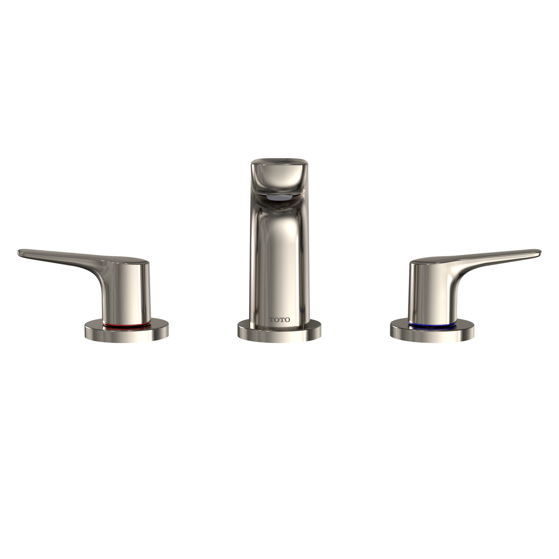 Polished nickel two-handle widespread bathroom sink faucet with central spout and lever handles.