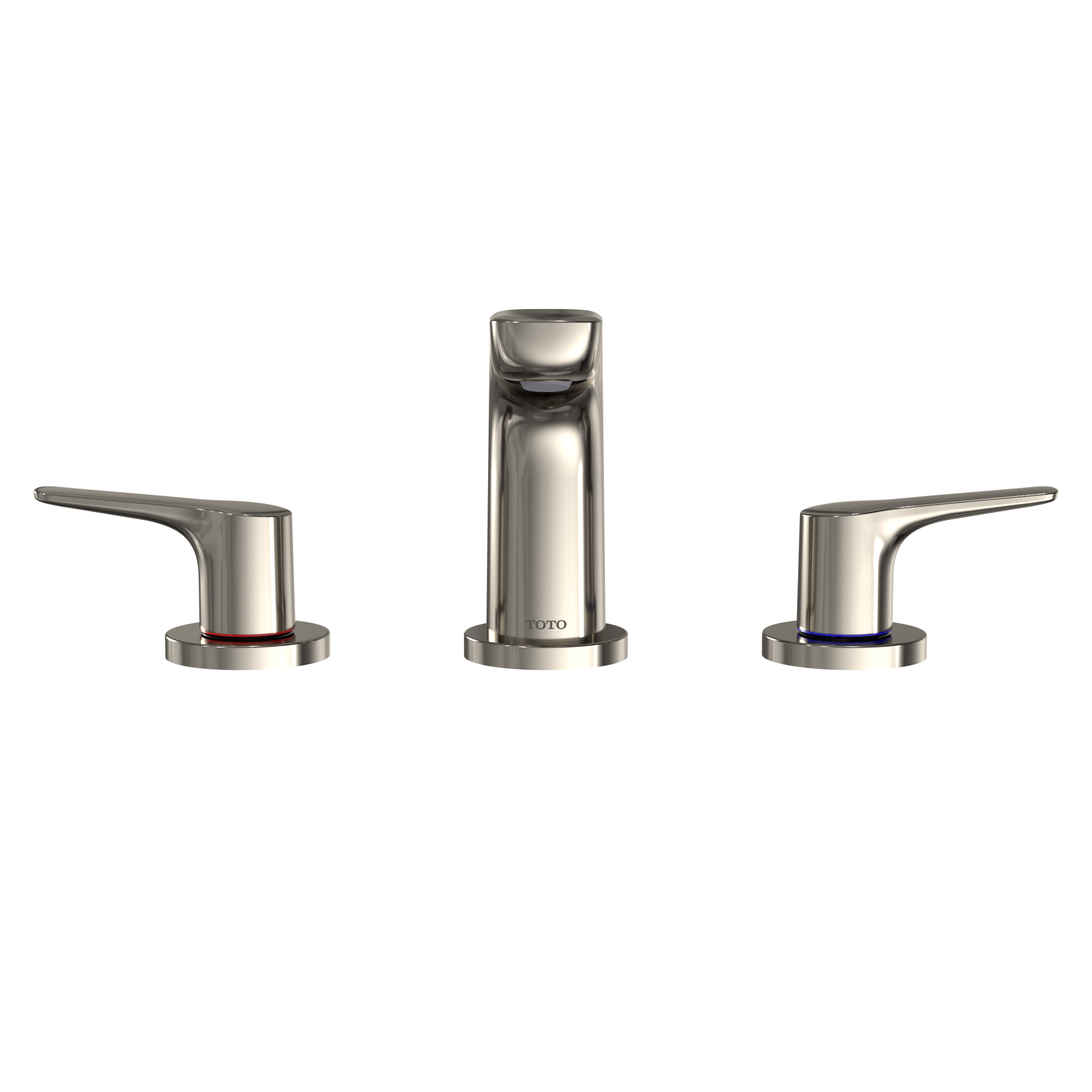 Polished nickel two-handle widespread bathroom sink faucet with central spout and lever handles.