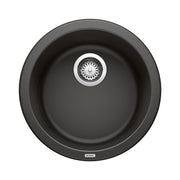 Round coal black bar sink with single basin and chrome drain strainer, viewed from above.