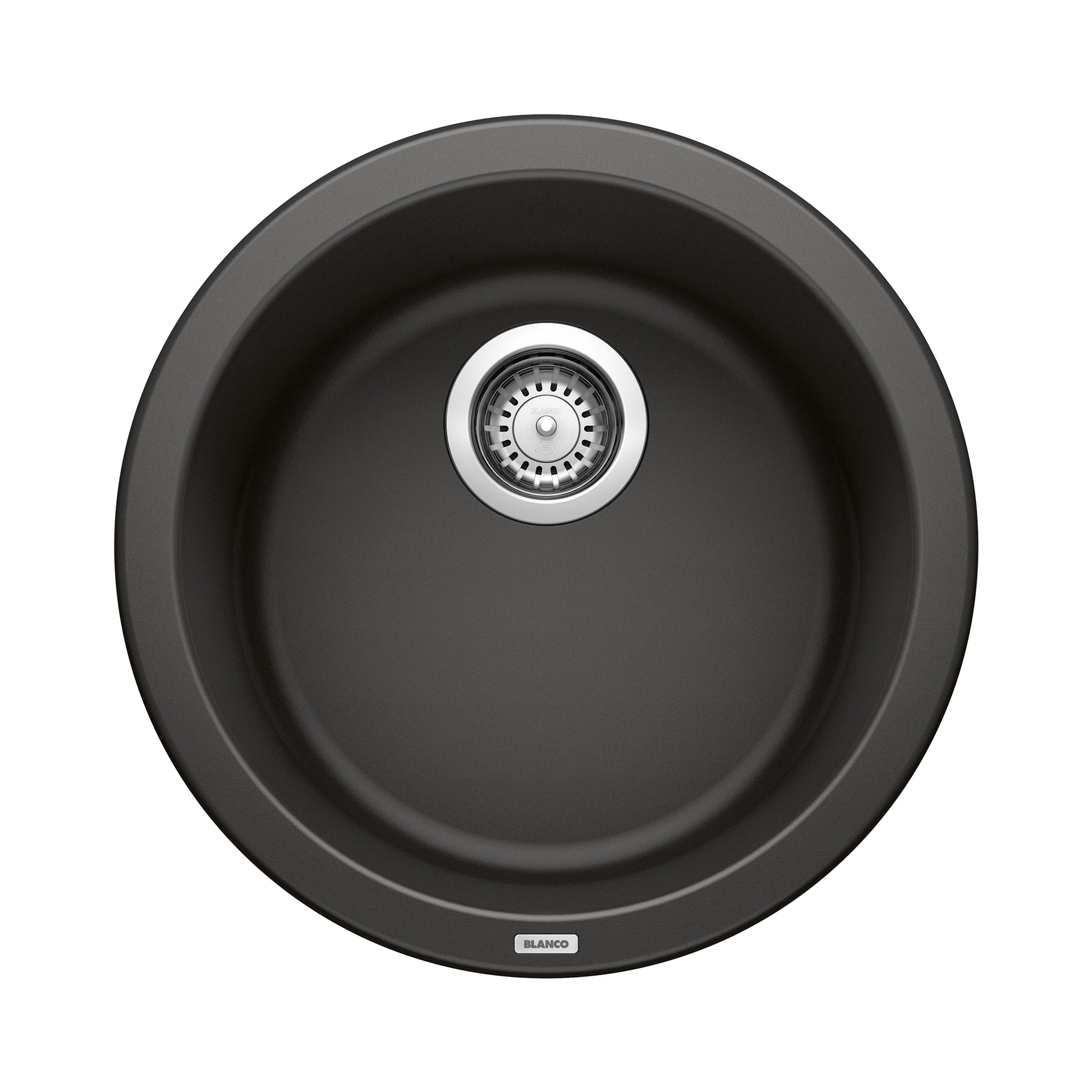 Round coal black bar sink with single basin and chrome drain strainer, viewed from above.