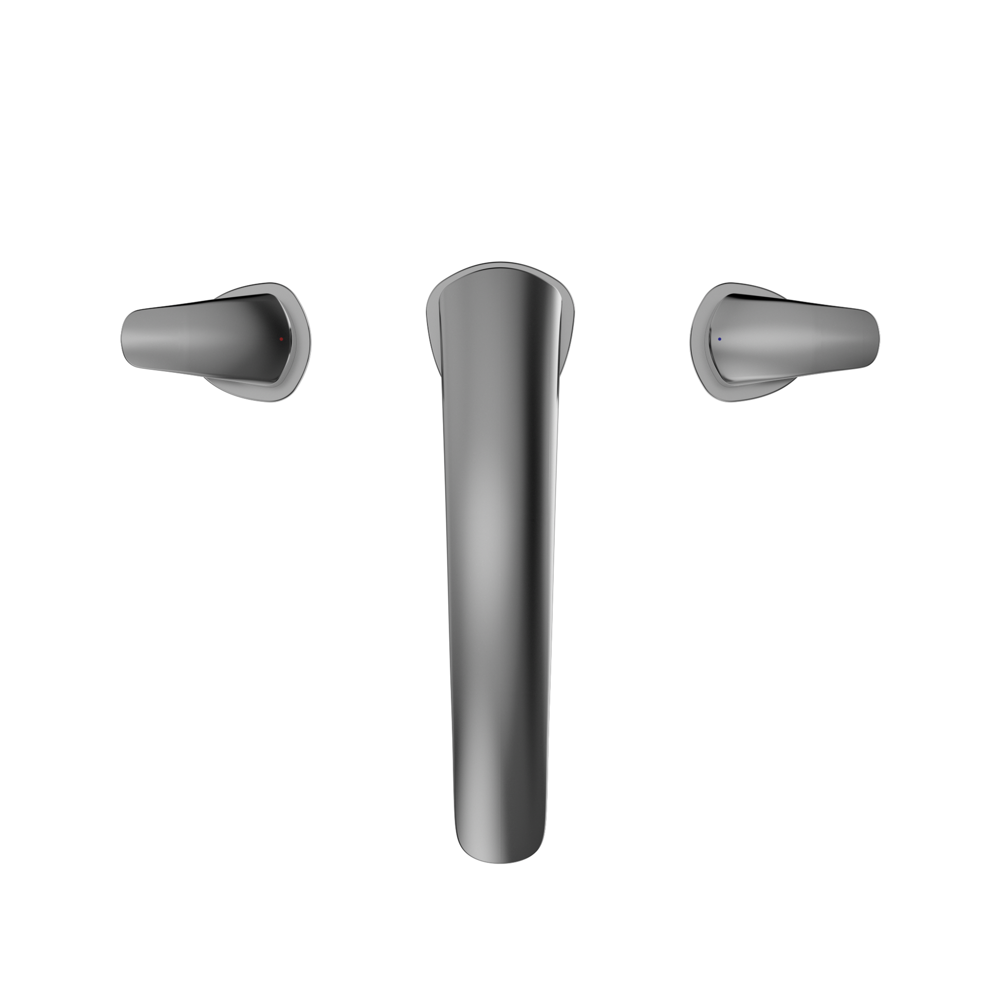 Polished chrome two-handle deck-mount roman tub filler with cylindrical spout and lever handles.