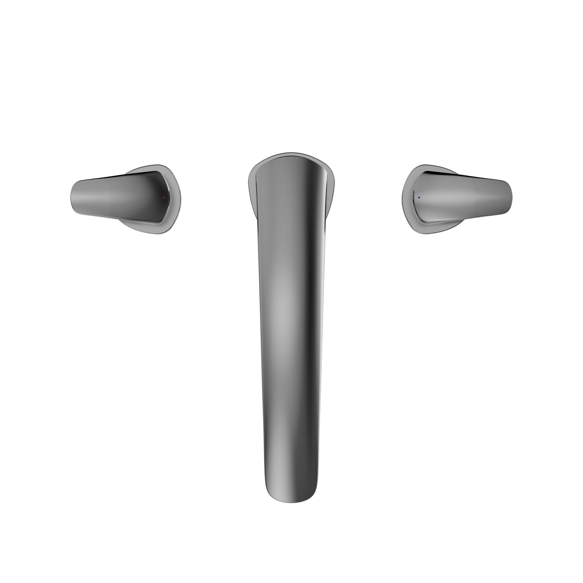 Polished chrome two-handle deck-mount roman tub filler with cylindrical spout and lever handles.