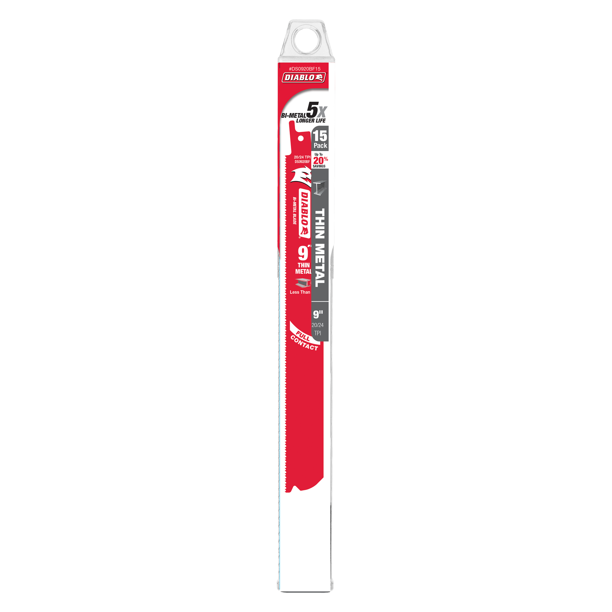 Diablo 9-inch bi-metal reciprocating saw blade with fine teeth in red and gray packaging marked as 15-pack.