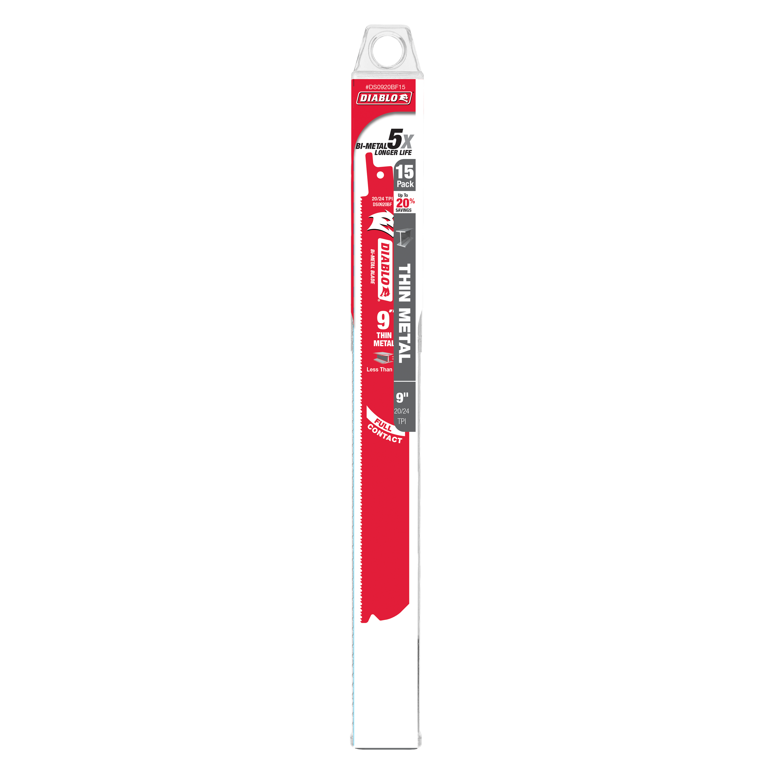 Diablo 9-inch bi-metal reciprocating saw blade with fine teeth in red and gray packaging marked as 15-pack.