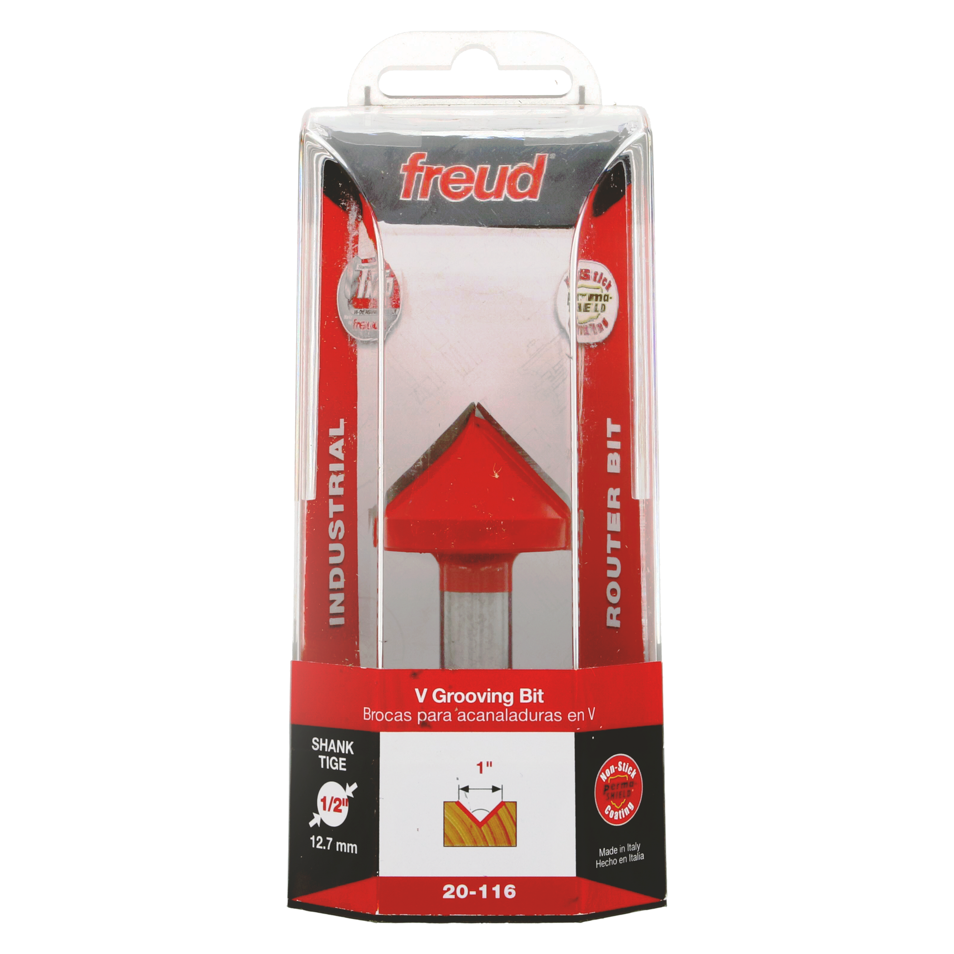 Red V-shaped router bit with 1/2" shank in clear plastic packaging labeled Freud 20-116.