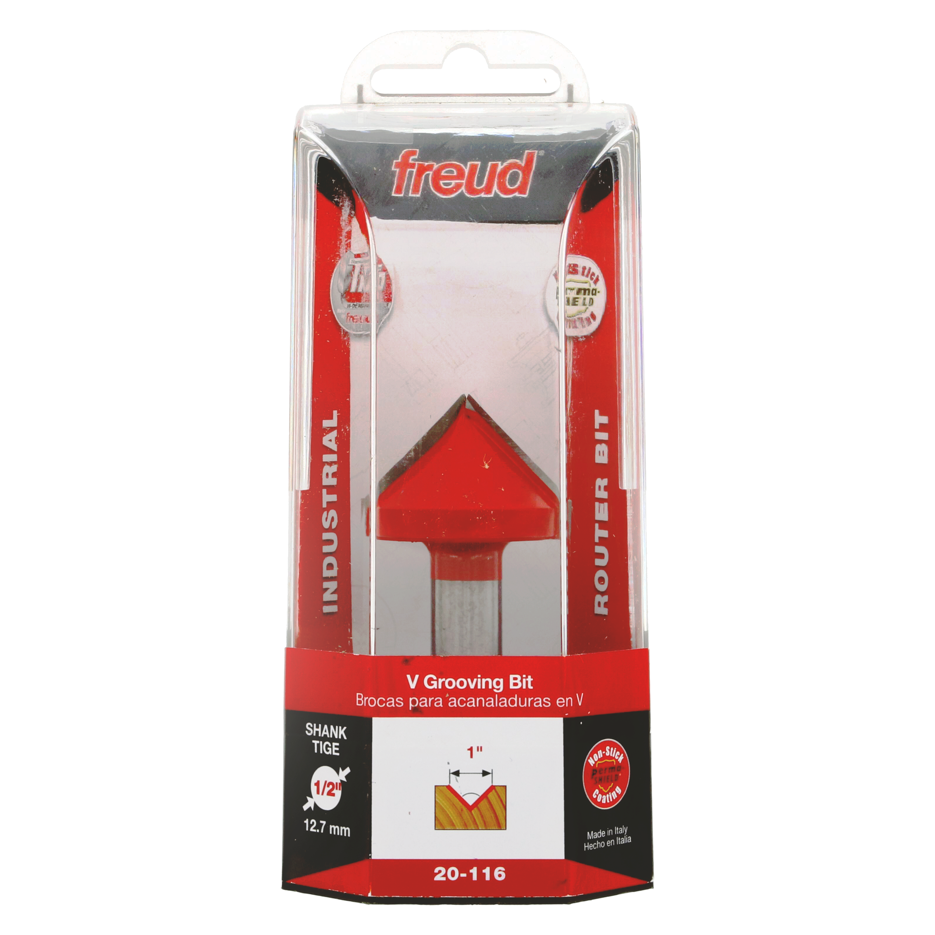 Red V-shaped router bit with 1/2" shank in clear plastic packaging labeled Freud 20-116.