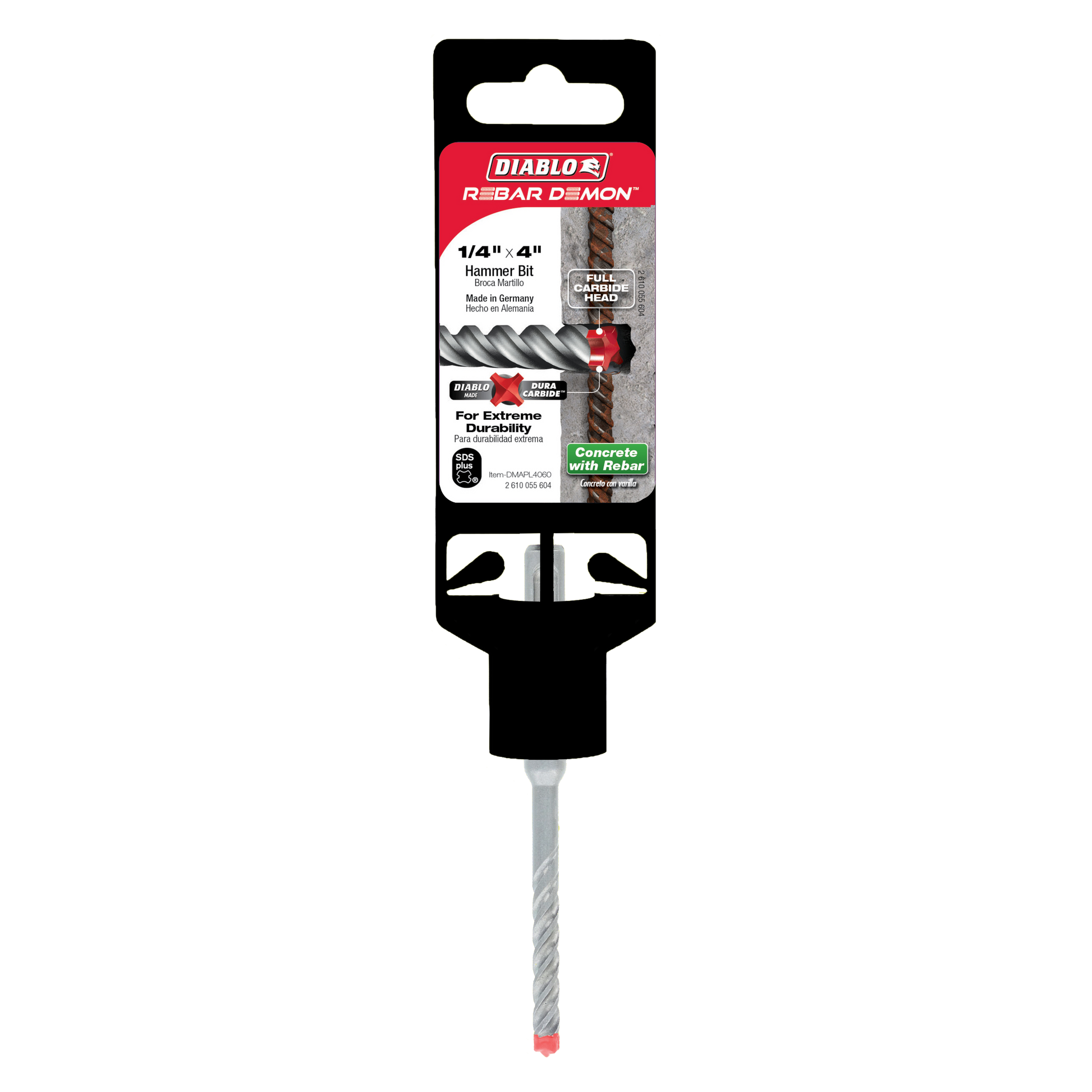 Diablo Rebar Demon 1/4 inch by 4 inch SDS-Plus hammer drill bit with carbide head and black packaging.