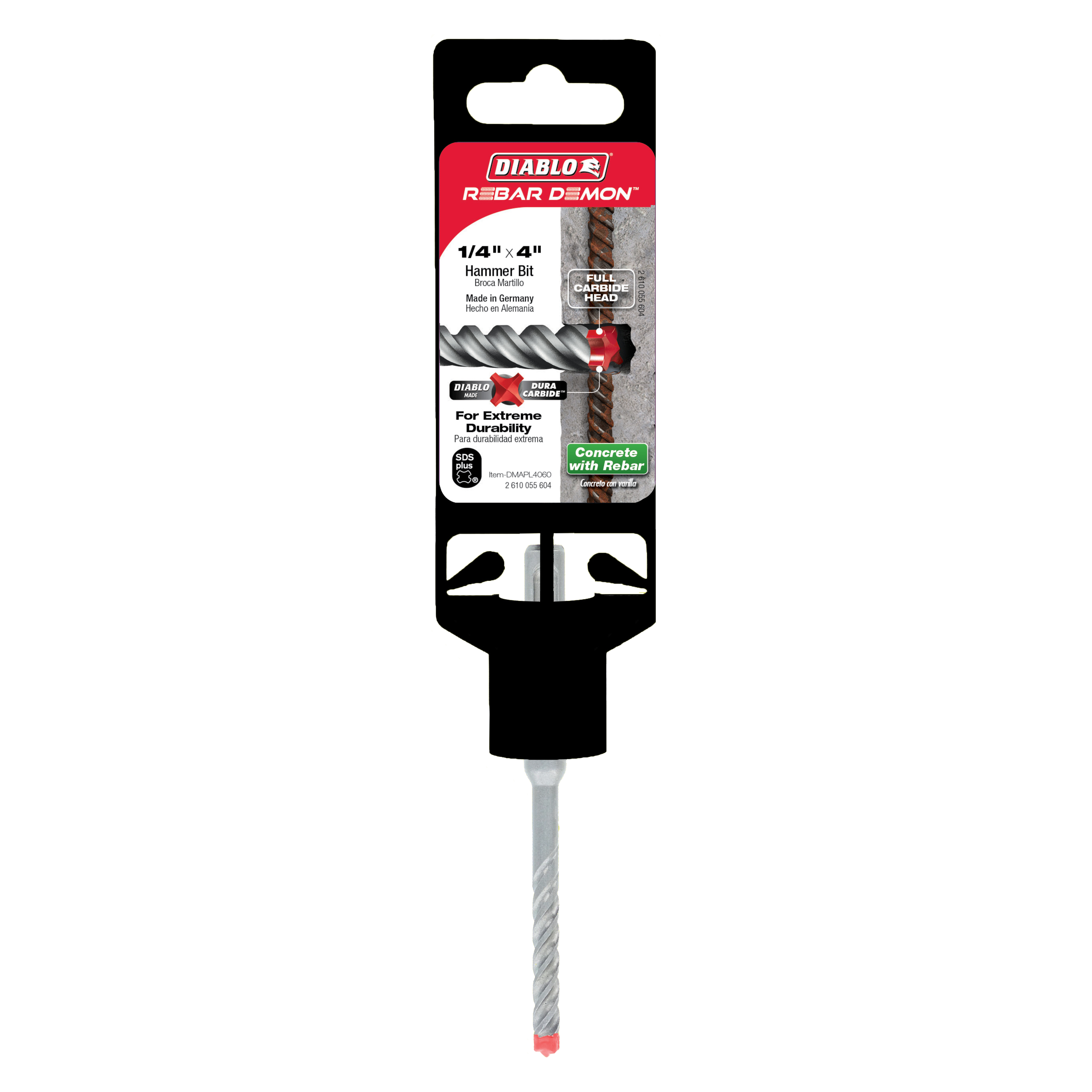Diablo Rebar Demon 1/4 inch by 4 inch SDS-Plus hammer drill bit with carbide head and black packaging.