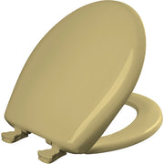 Round harvest gold plastic toilet seat with closed lid and hinged design.
