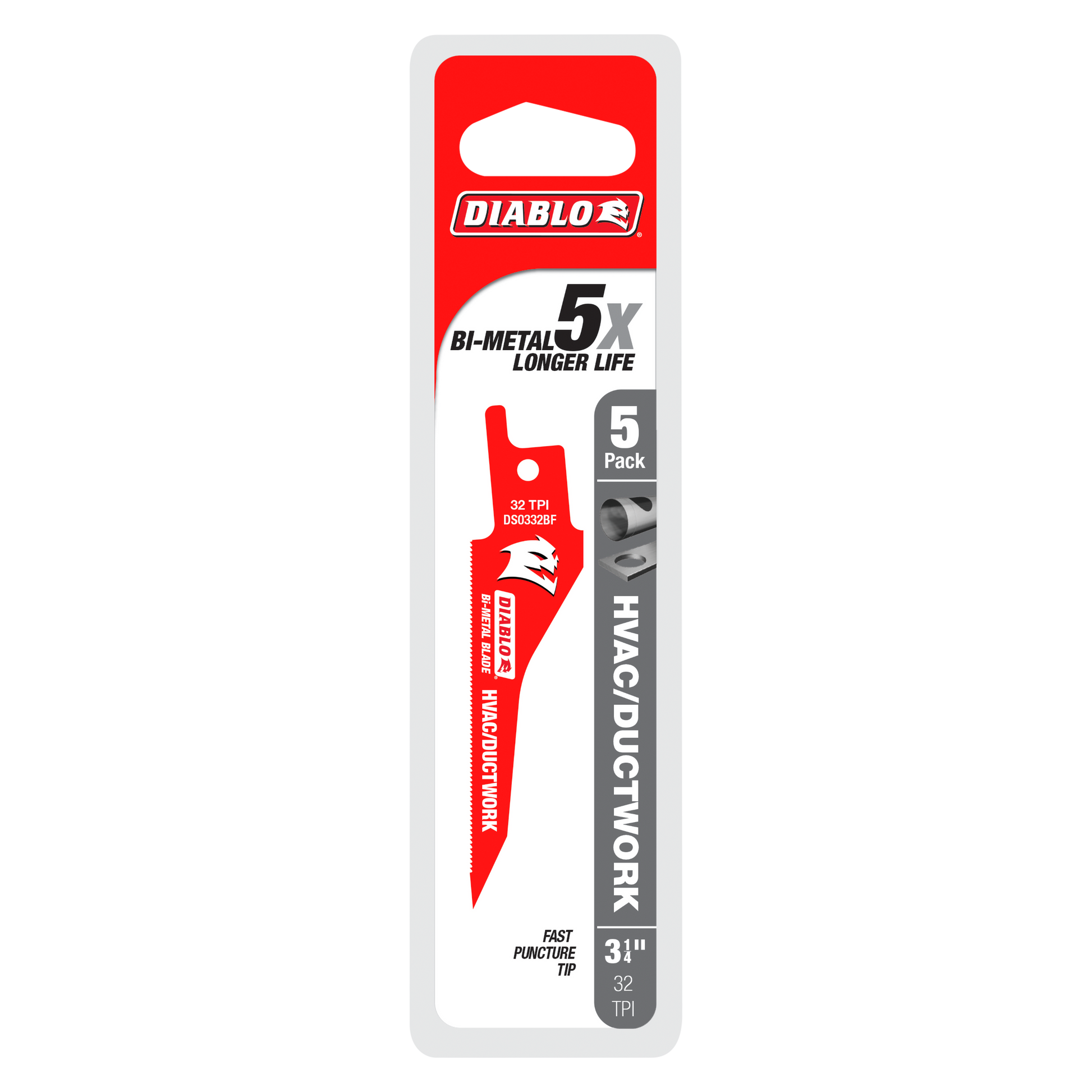Diablo bi-metal reciprocating saw blade with red handle packaging showing 3-1/4 inch length and 32 TPI specification.
