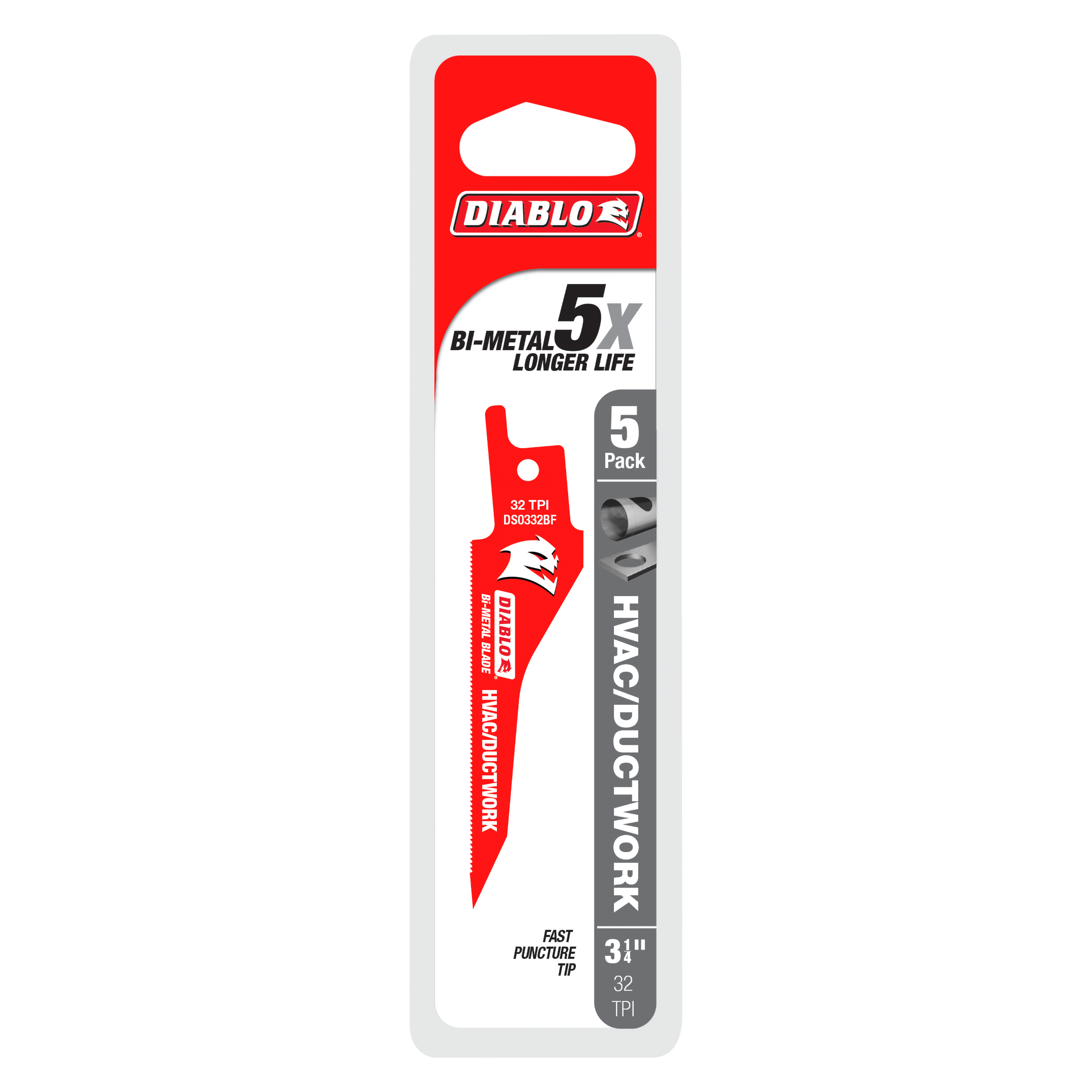 Diablo bi-metal reciprocating saw blade with red handle packaging showing 3-1/4 inch length and 32 TPI specification.